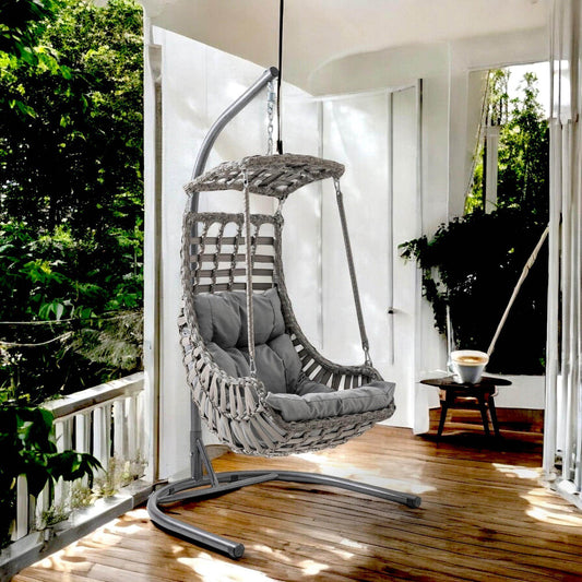 Rattan Hängesessel mit Gestell | Grau | Alacati Einzel Gartenschaukel für Balkon & Wintergarten