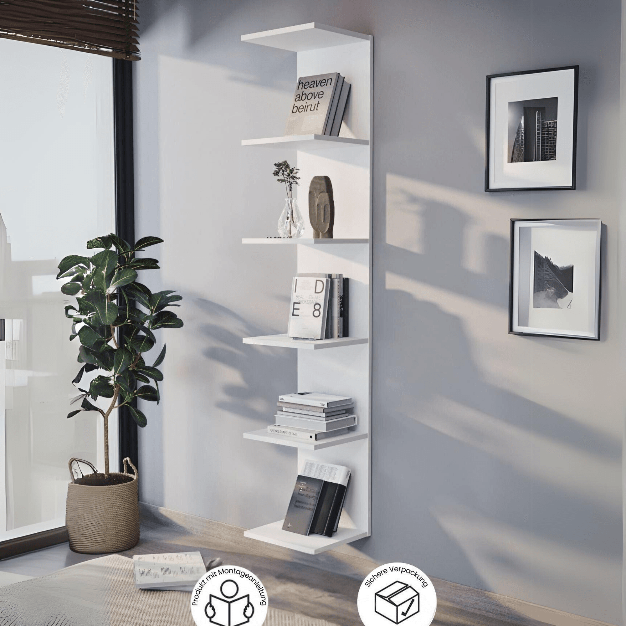 Gowoll Wandregal 35x180 cm Weiß – Bücherregal mit 5 Ebenen & 31 cm Tiefe