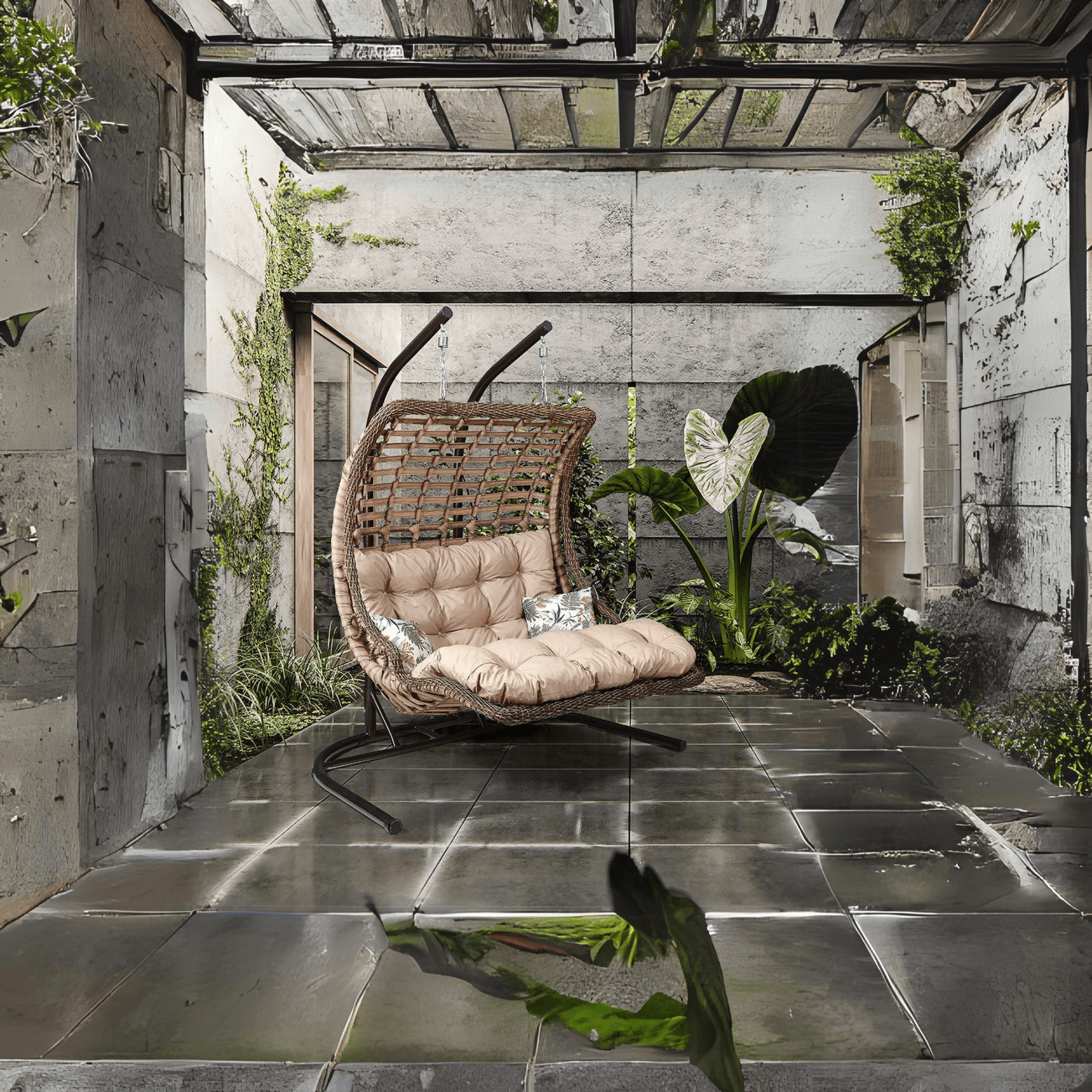 Gowoll Gartenschaukel Rattan Hängesessel mit Gestell Hängeschaukel Bodrum Double