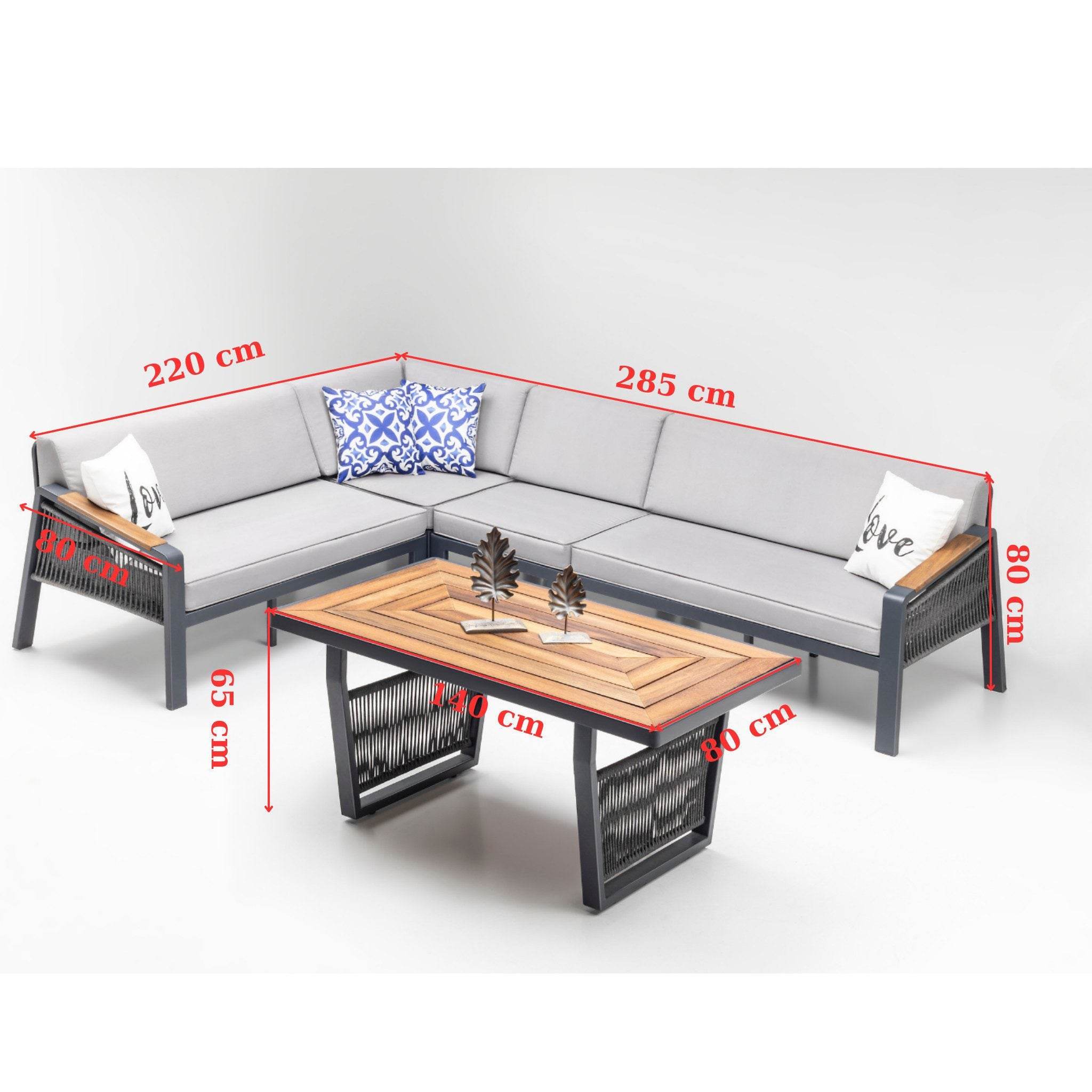 Gowoll Mykonos Plus Tisch Gartenlounge-Set Premium Ecklounge mit Wetterfest (Sitz und Rückenkissen, Tisch mit 2x3 Sitzer und 2xStuhl)