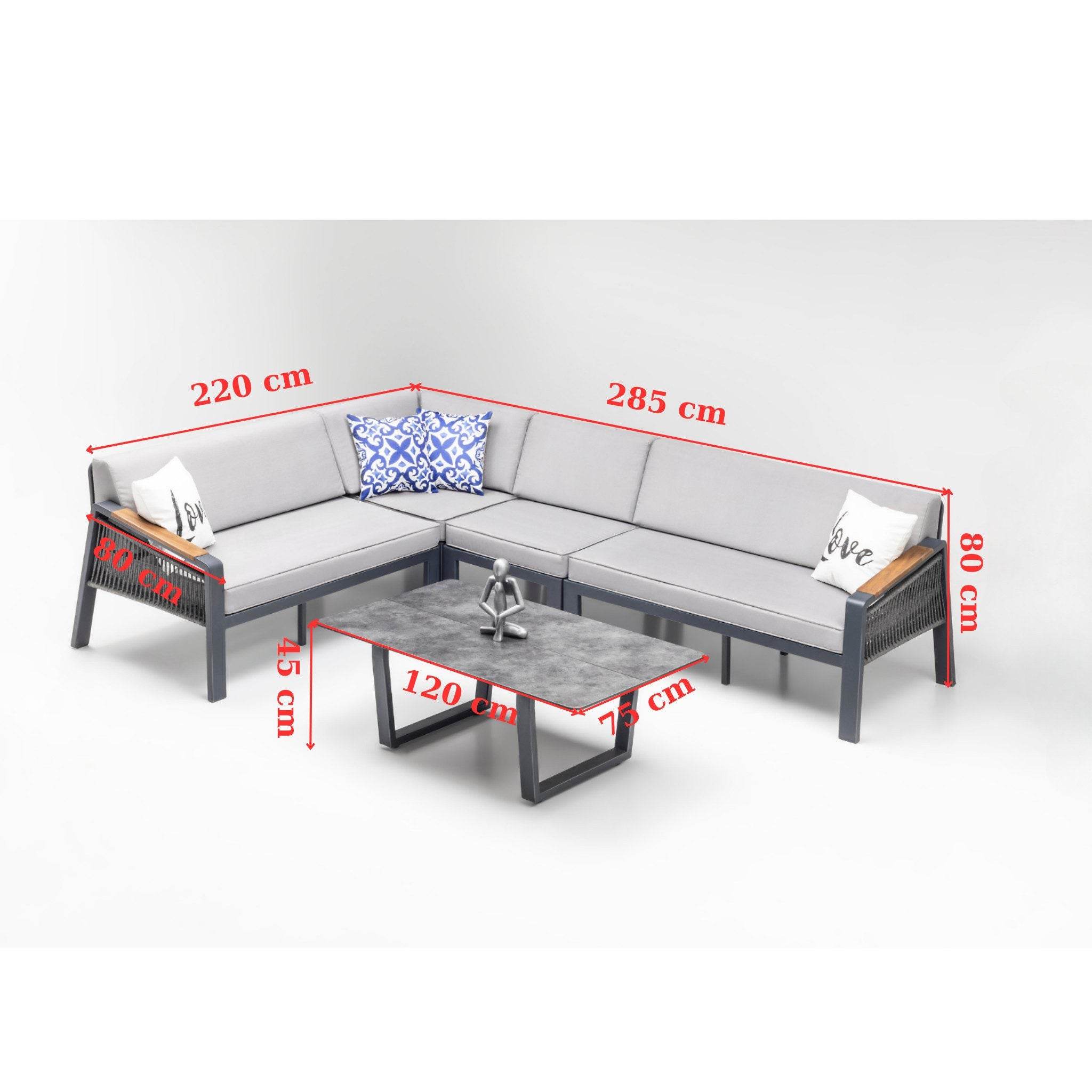 Gowoll Mykonos Plus Tisch Gartenlounge-Set Premium Ecklounge mit Wetterfest (Sitz und Rückenkissen, Tisch mit 2x3 Sitzer und 2xStuhl)