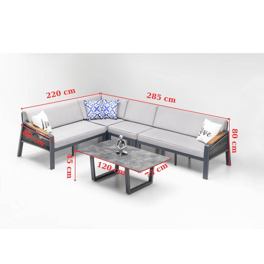 Gowoll Mykonos Plus Tisch Gartenlounge-Set Premium Ecklounge mit Wetterfest (Sitz und Rückenkissen, Tisch mit 2x3 Sitzer und 2xStuhl)