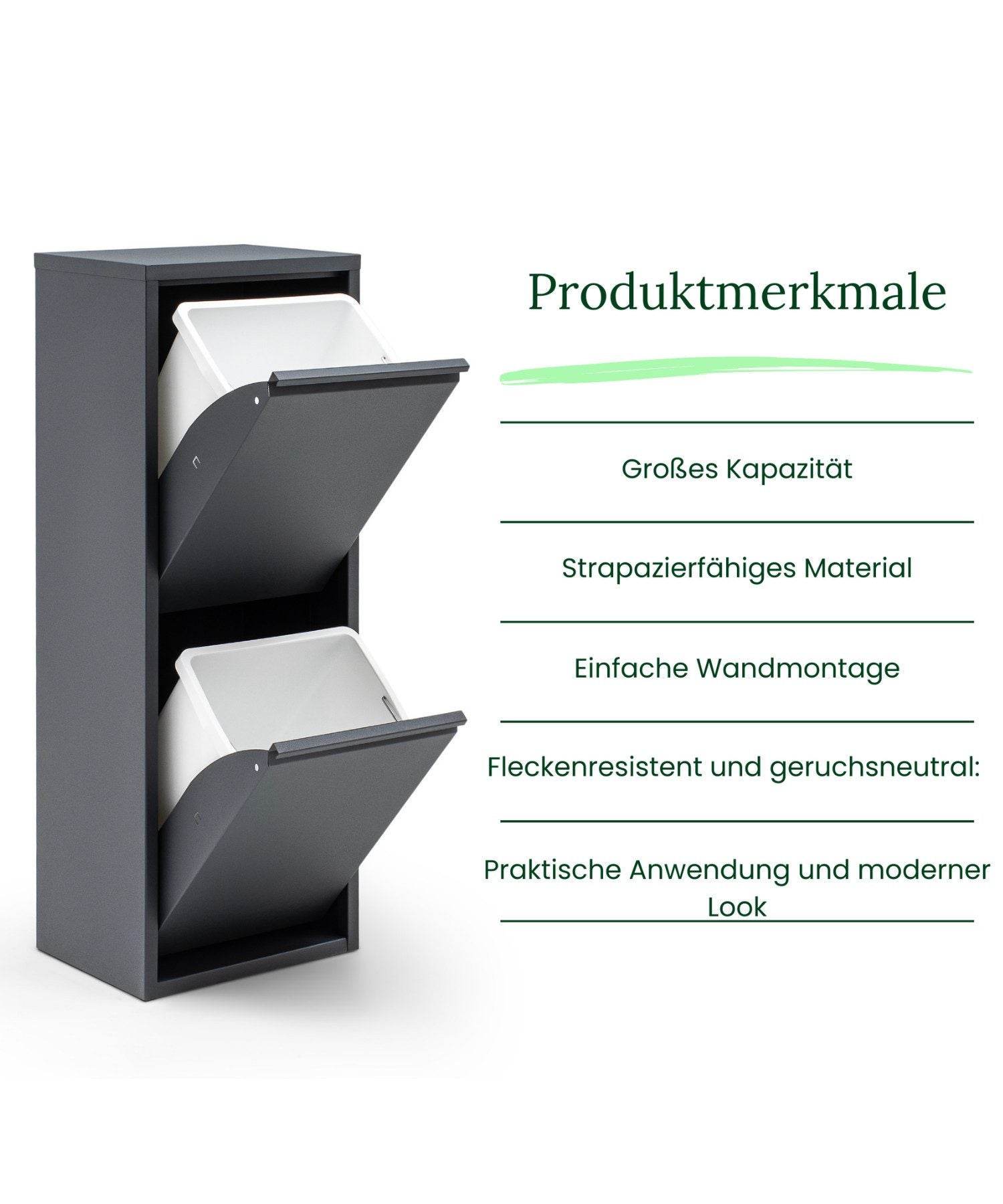 Gowoll Mülleimer Küche aus Fleckenfest Biomülleimer Wandmontage Abfalleimer Mülltrennsysteme Küchenmülleimer mit Herausnehmbarer Inneneimer Recycling system (2 x 15 L Anthrazit)