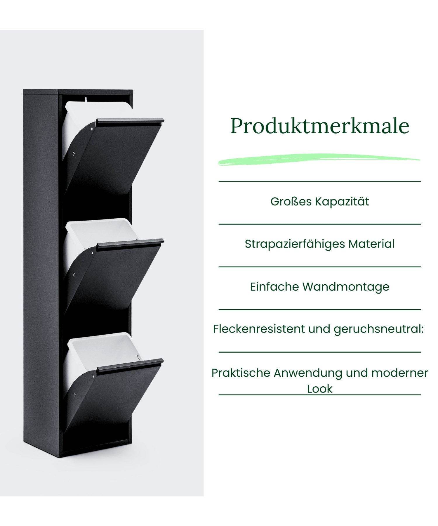 Gowoll Mülleimer Küche aus Fleckenfest Biomülleimer Wandmontage Abfalleimer Mülltrennsysteme Küchenmülleimer mit Herausnehmbarer Inneneimer Recycling system (3 x 15 L Schwarz)