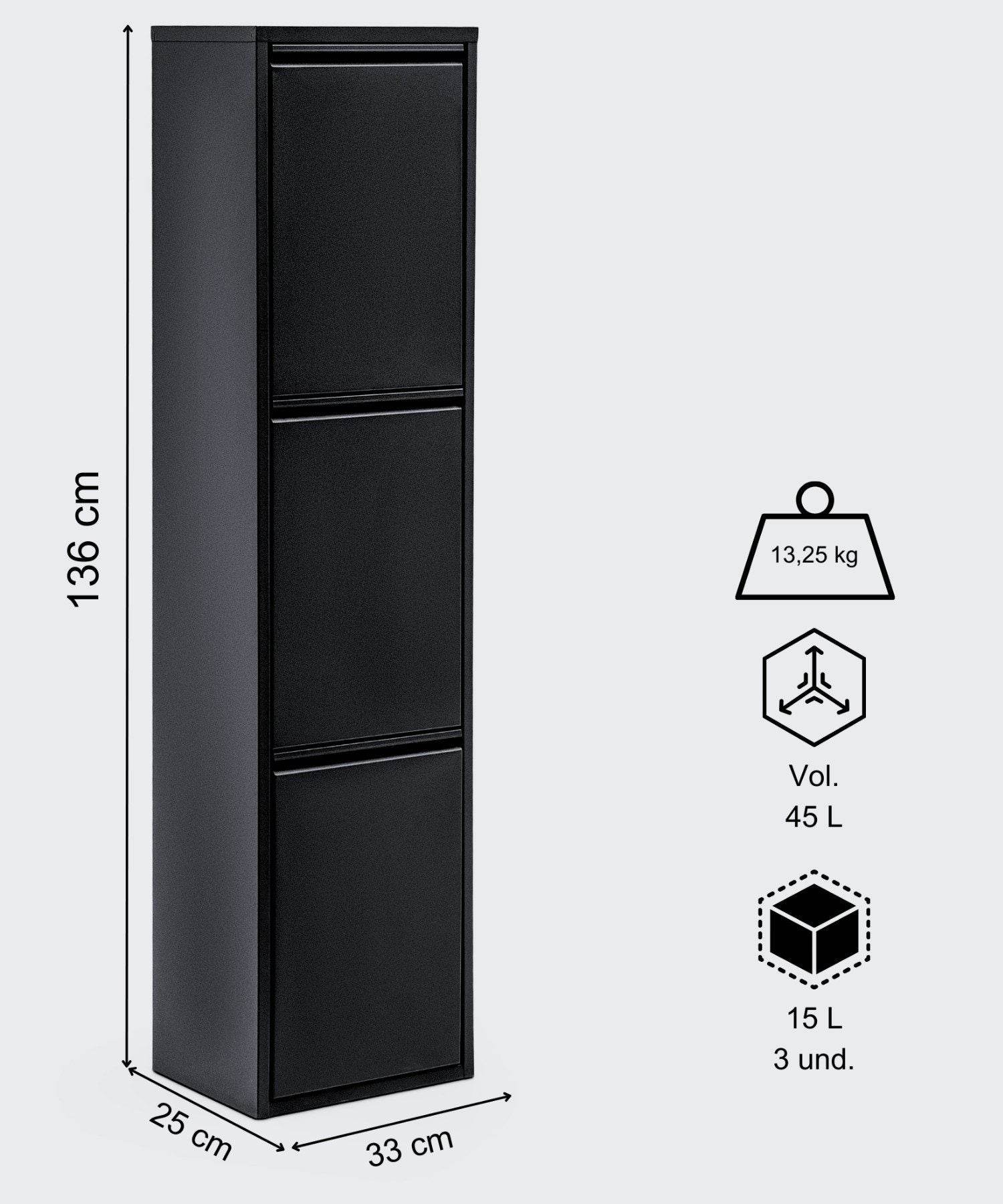 Gowoll Mülleimer Küche aus Fleckenfest Biomülleimer Wandmontage Abfalleimer Mülltrennsysteme Küchenmülleimer mit Herausnehmbarer Inneneimer Recycling system (3 x 15 L Schwarz)
