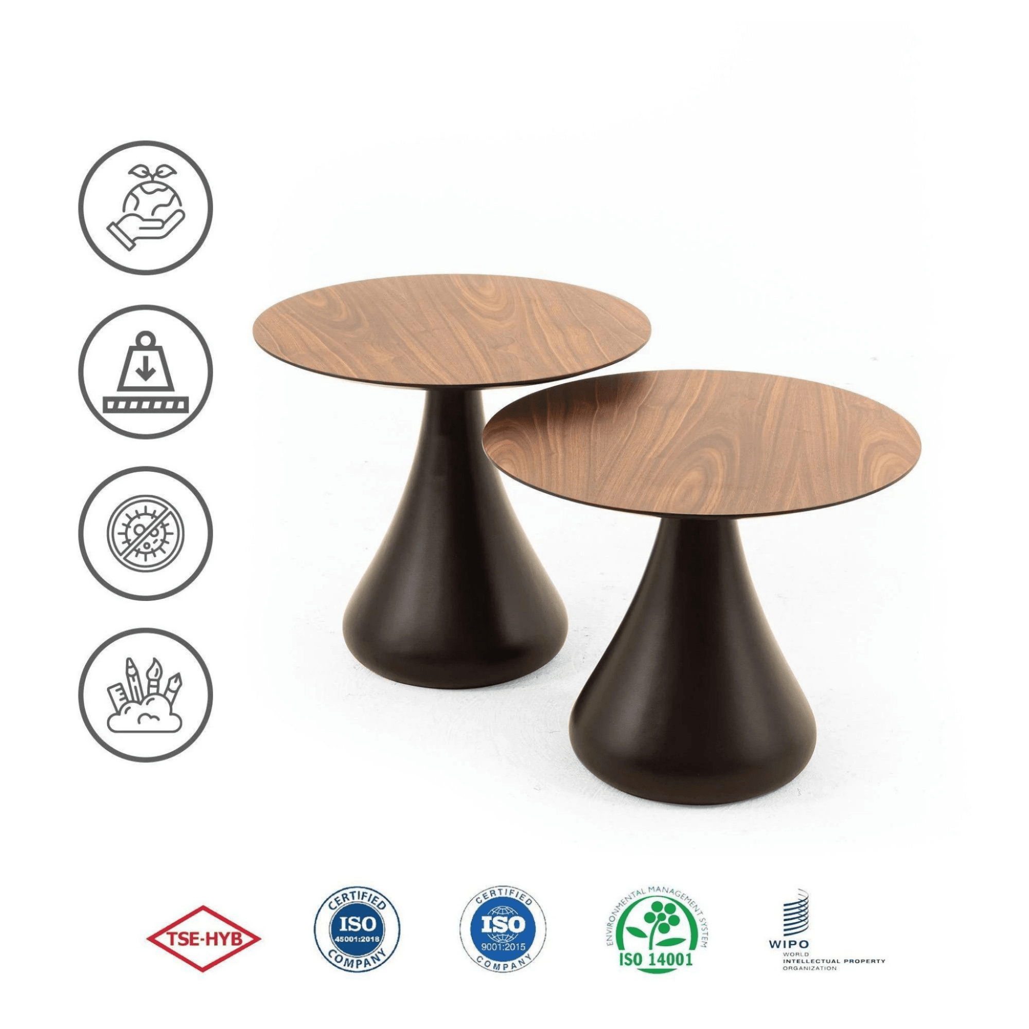 Pilz Tisch Set | 2er Set Couchtisch in Walnuss & Schwarz | Modernes Wohnzimmer Design