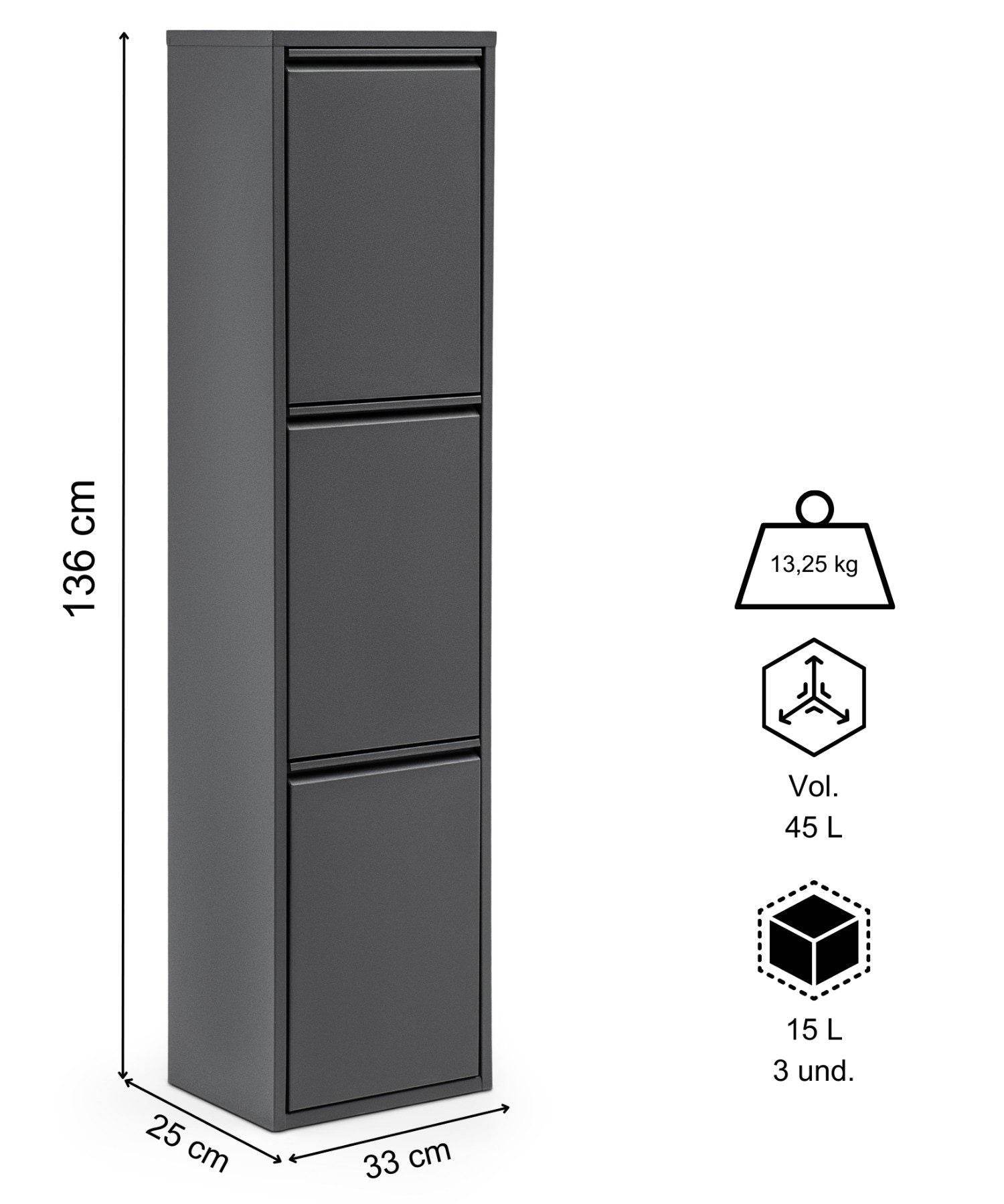 Gowoll Mülleimer Küche aus Fleckenfest Biomülleimer Wandmontage Abfalleimer Mülltrennsysteme Küchenmülleimer mit Herausnehmbarer Inneneimer Recycling system (3 x 15 L Anthrazit)