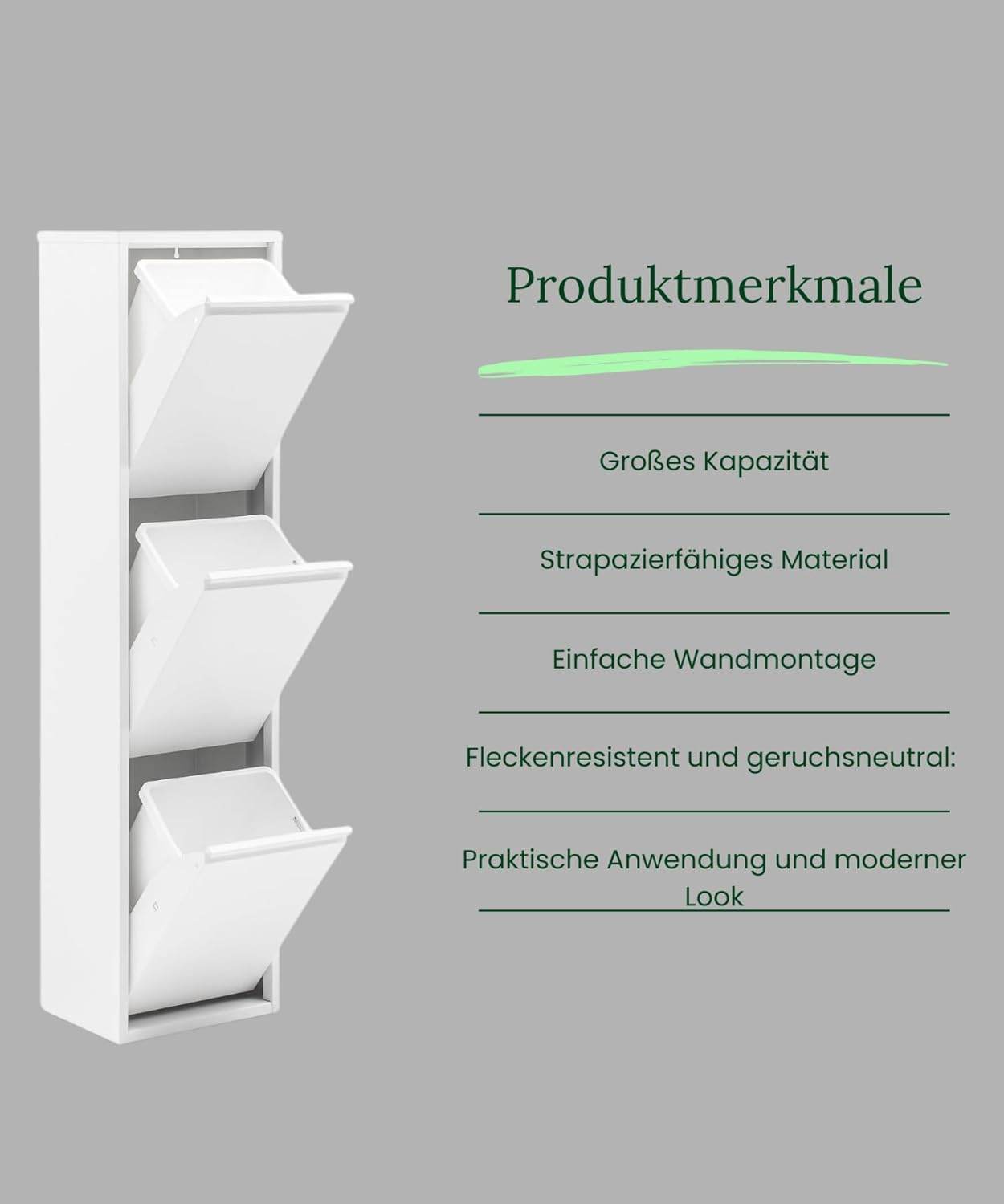 Gowoll Mülltrennsystem Küche 3 x 15L – Wandmontage Mülleimer mit Inneneimern & Recycling-System Weiß