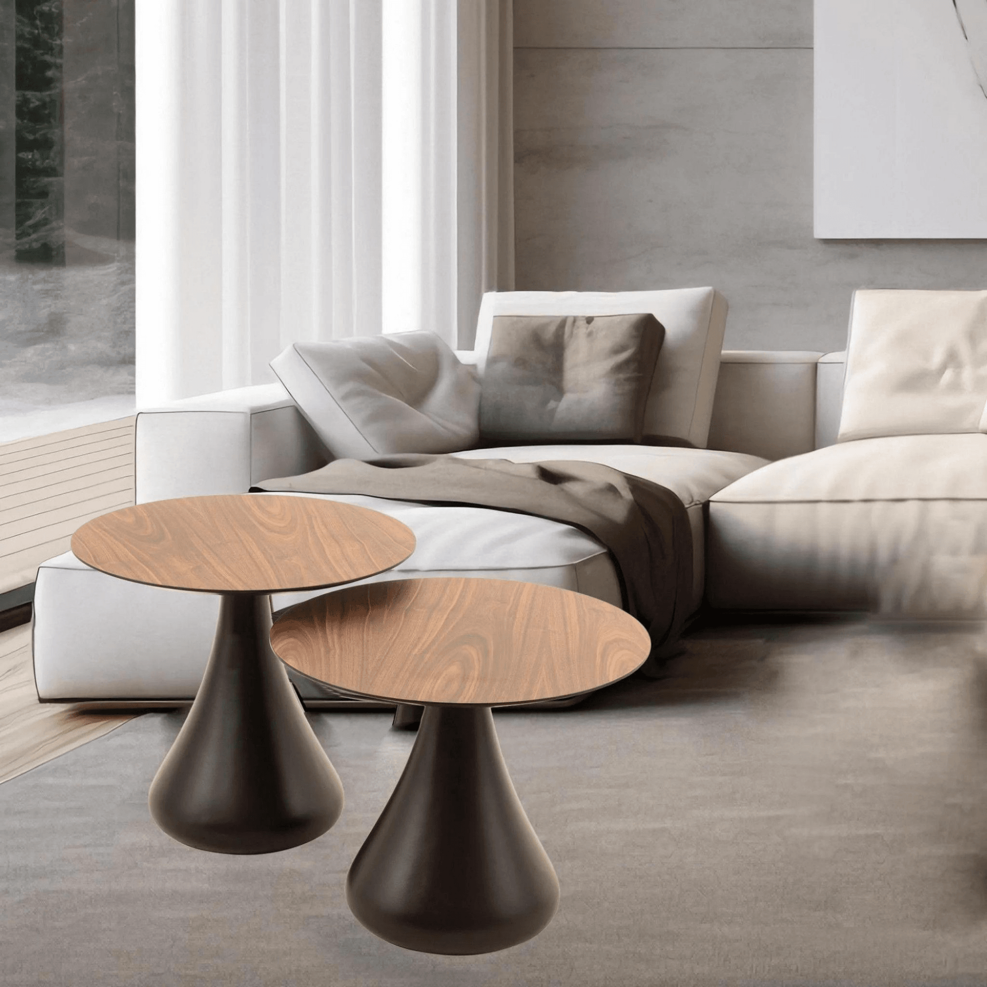 Pilz Tisch Set | 2er Set Couchtisch in Walnuss & Schwarz | Modernes Wohnzimmer Design