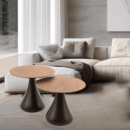 Pilz Tisch Set | 2er Set Couchtisch in Walnuss & Schwarz | Modernes Wohnzimmer Design