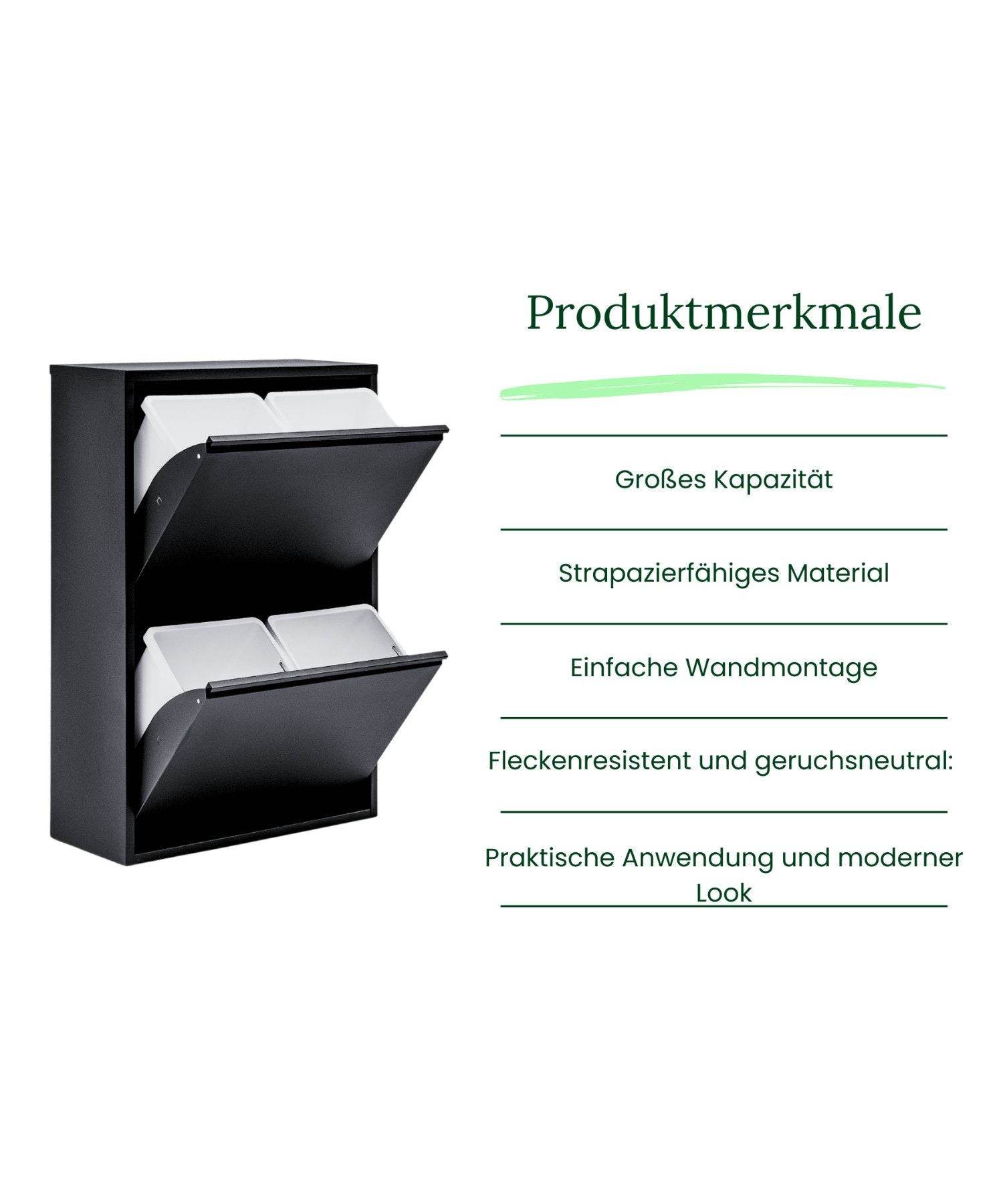 Gowoll Mülleimer Küche aus Fleckenfest Biomülleimer Wandmontage Abfalleimer Mülltrennsysteme Küchenmülleimer mit Herausnehmbarer Inneneimer Recycling system (4 x 15 L Schwarz)