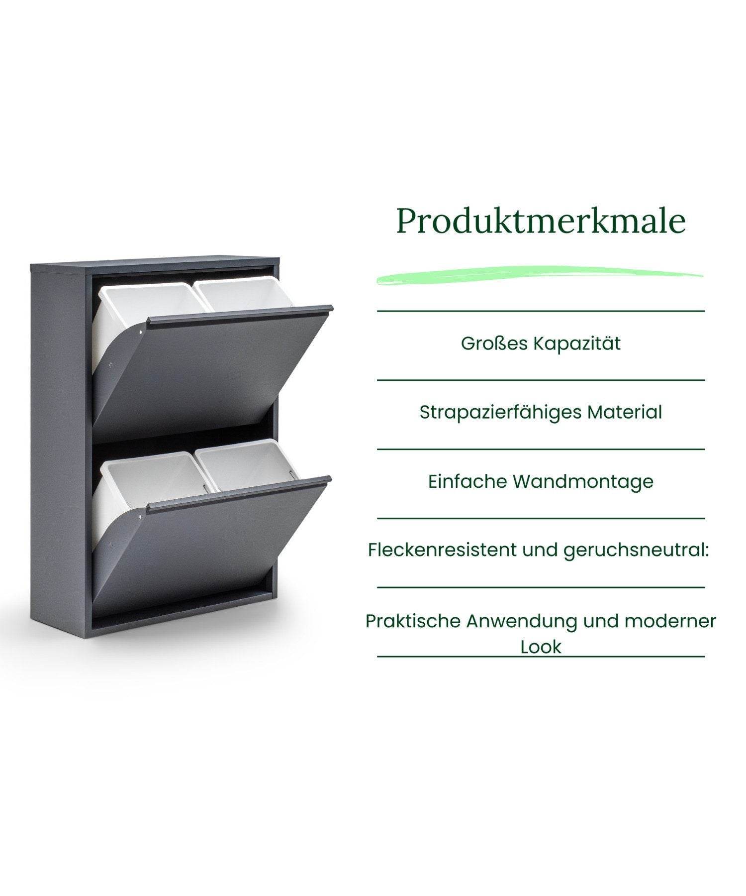 Gowoll Mülleimer Küche aus Fleckenfest Biomülleimer Wandmontage Abfalleimer Mülltrennsysteme Küchenmülleimer mit Herausnehmbarer Inneneimer Recycling system (4 x 15 L Anthrazit)