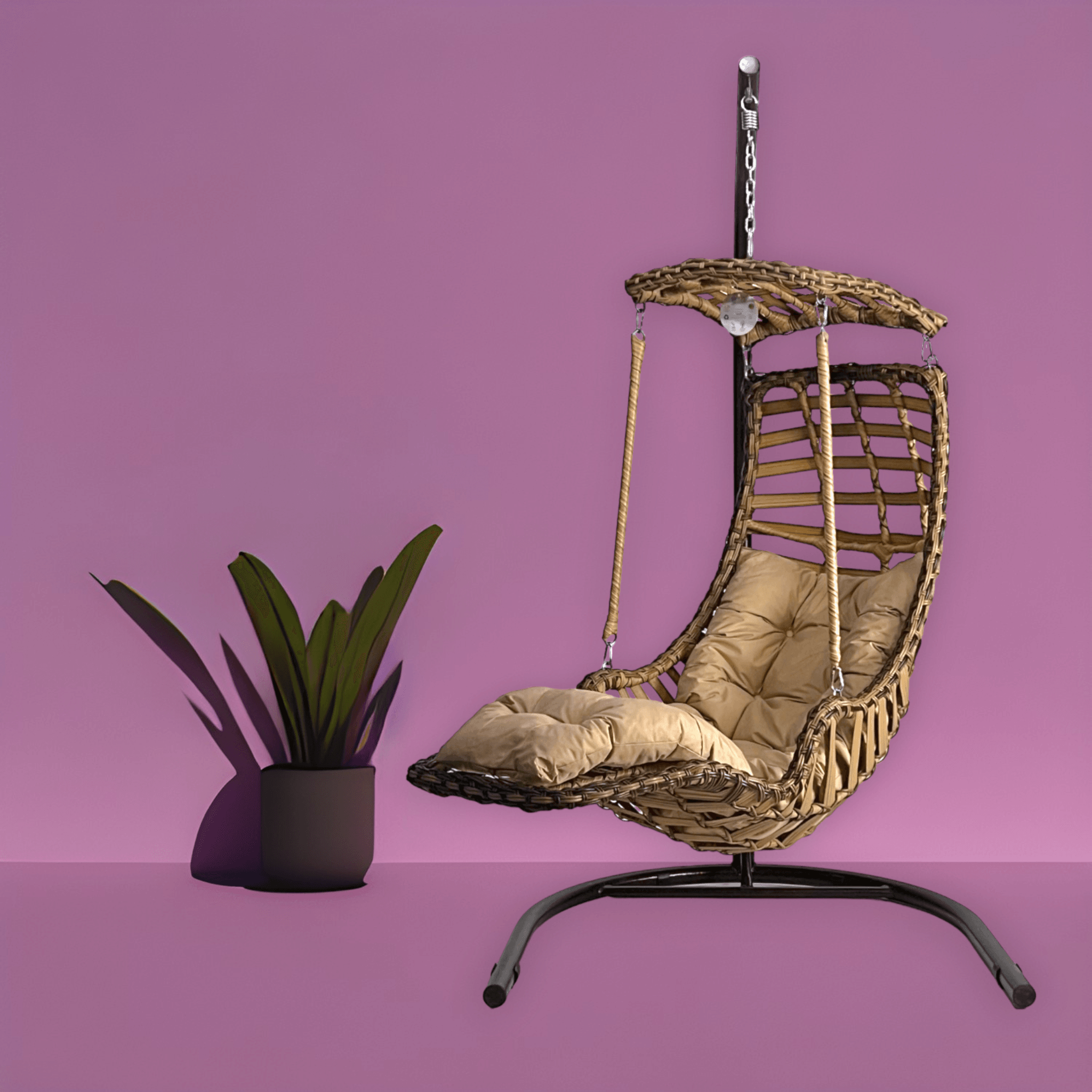 Alacati Plus Hängesessel mit Gestell – Handgefertigt, Rattan, Sonnendach & Fußablage
