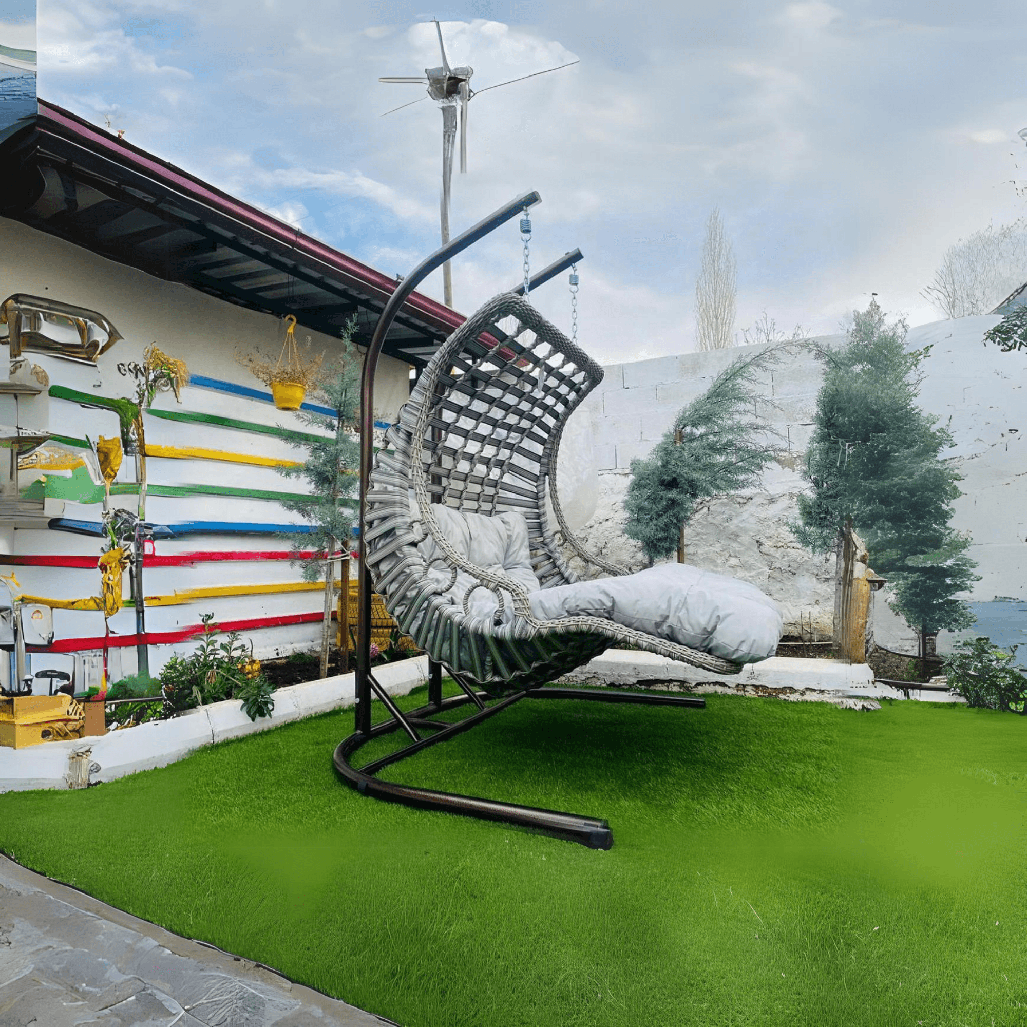 Gowoll Gartenschaukel Rattan Hängesessel mit Gestell Hängeschaukel Bodrum Double