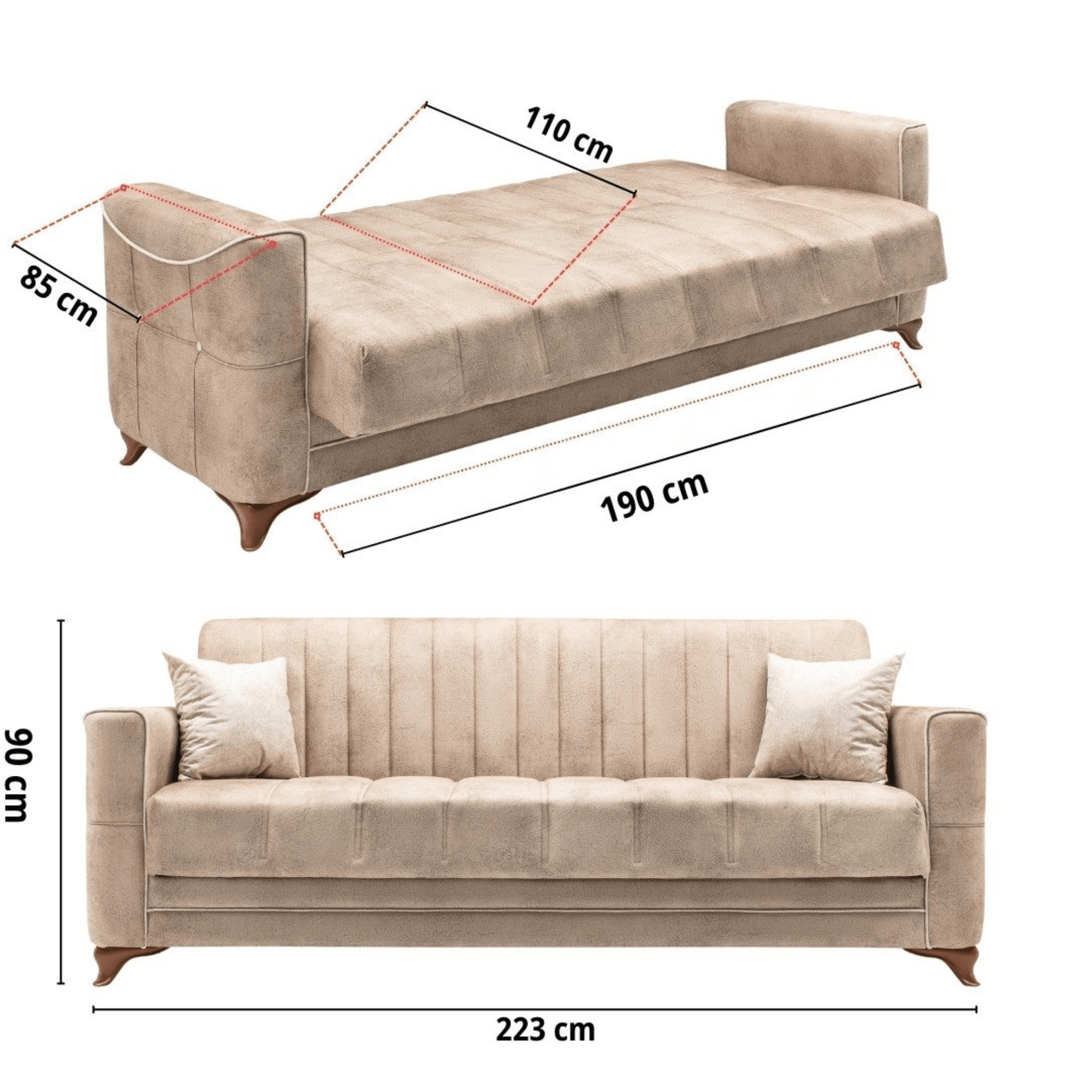 Gowoll 3-Sitzer Schlafsofa mit Schlaffunktion & Stauraum – Modell Perle