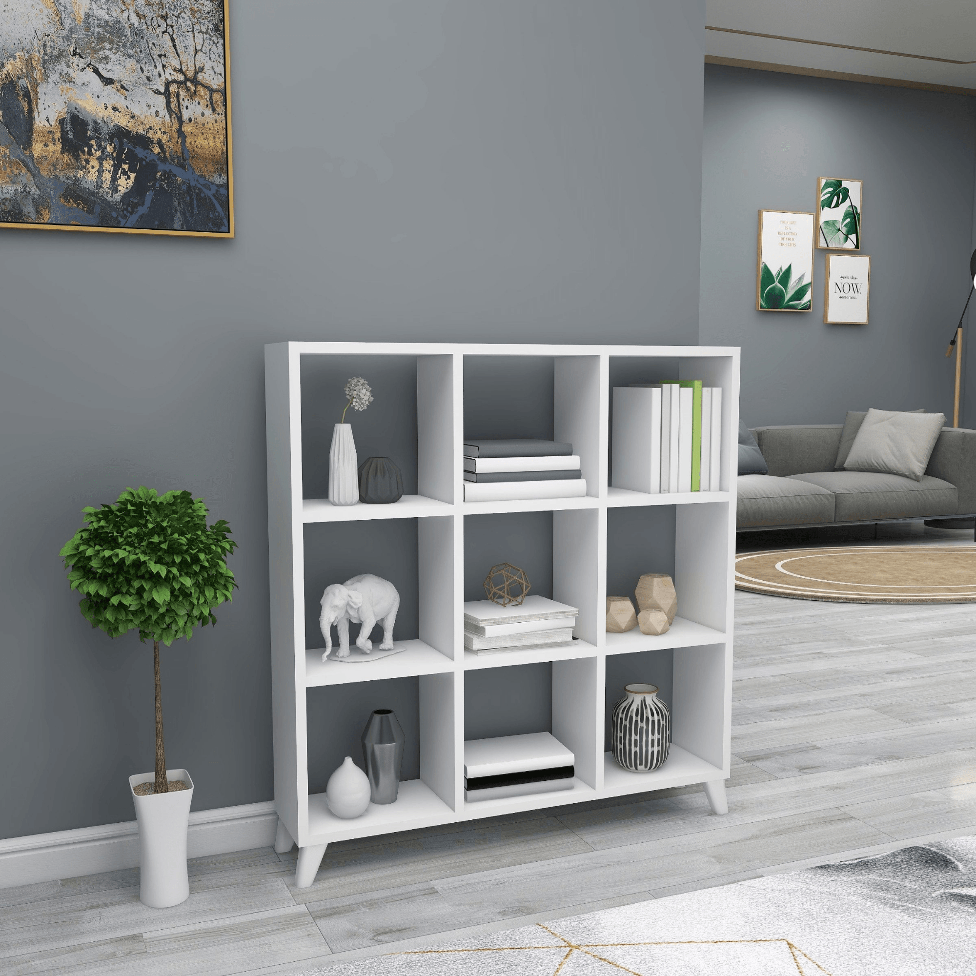 Gowoll Raumteilerregal 88x88 cm – Weißes Bücherregal mit 9 Fächern, Standregal & Bücherschrank
