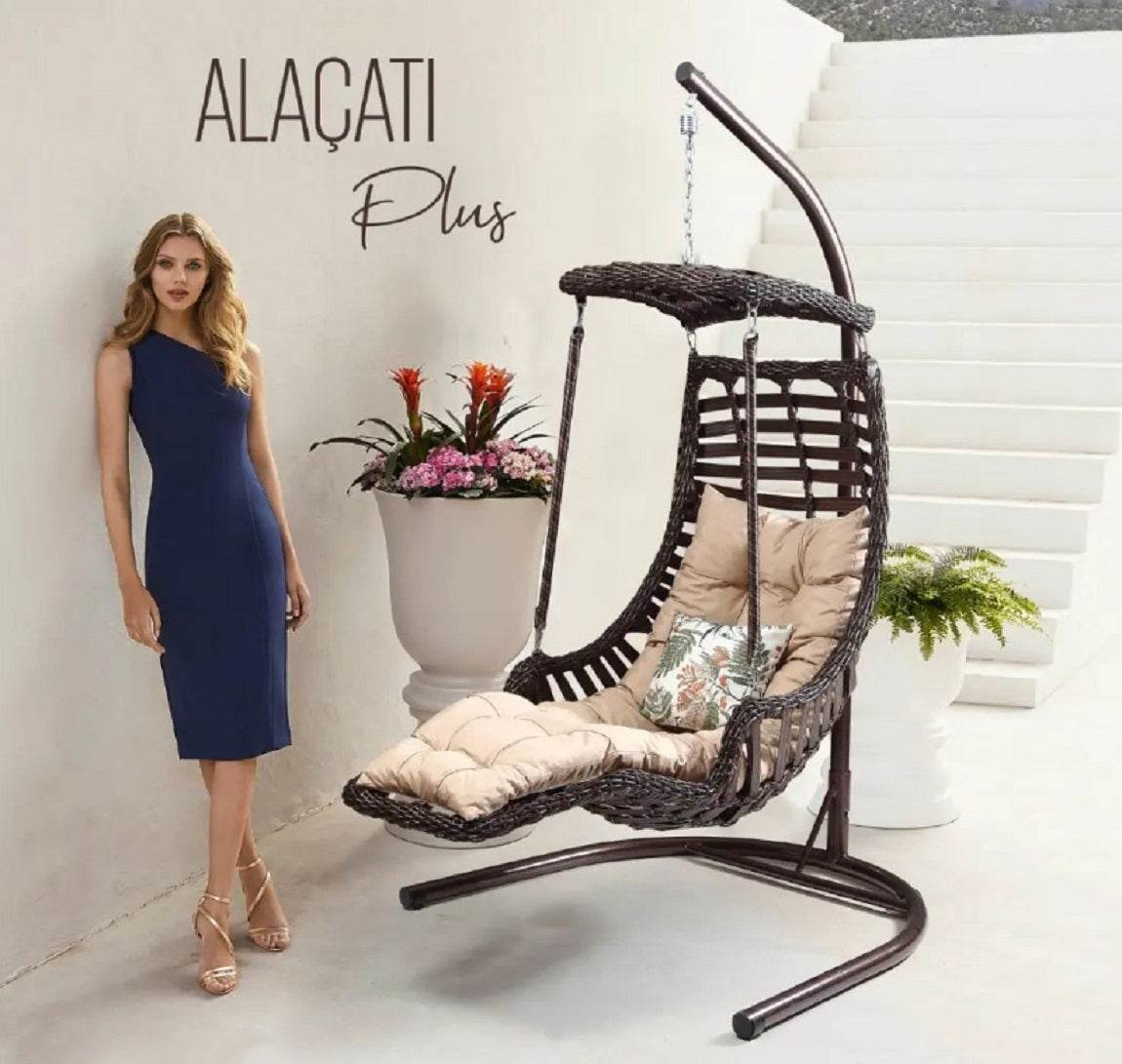 Alacati Plus Hängesessel mit Gestell – Handgefertigt, Rattan, Sonnendach & Fußablage