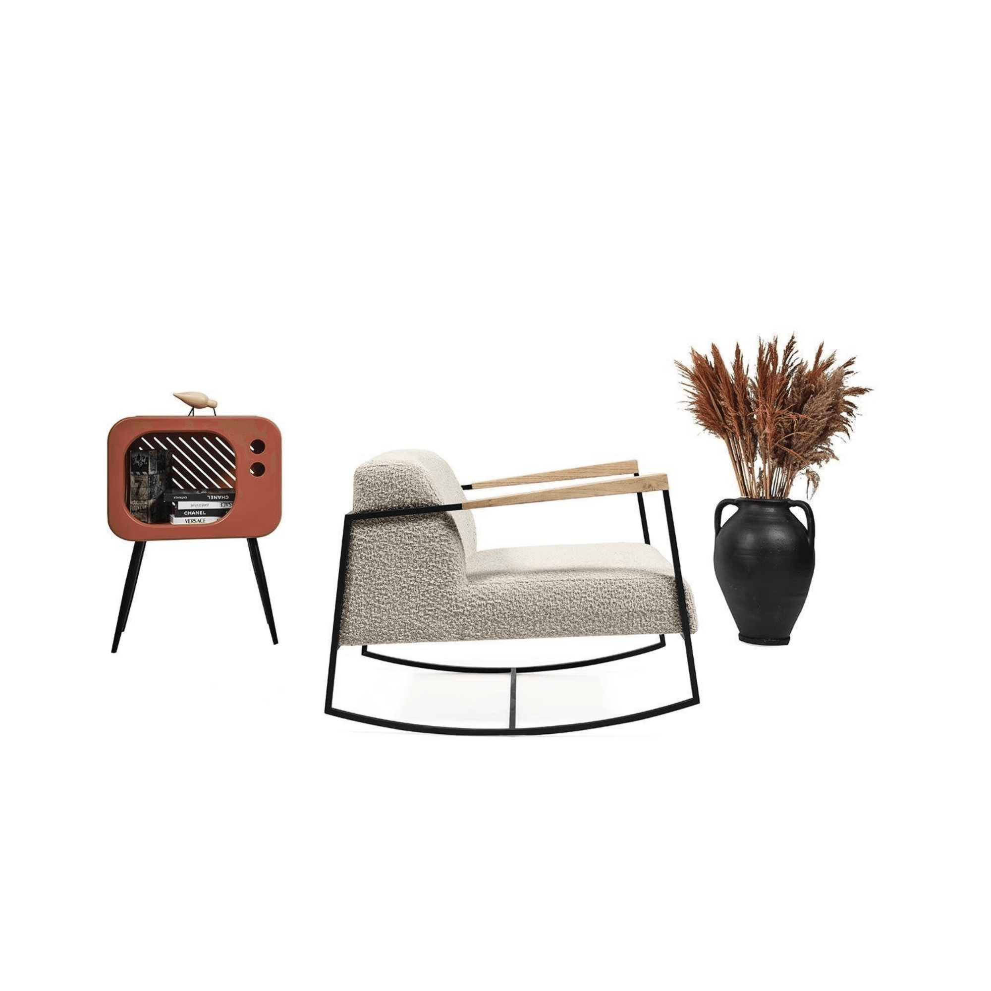 Schaukelsessel Relaxsessel Wohnzimmer Möbel Beige mit Metallrahmen