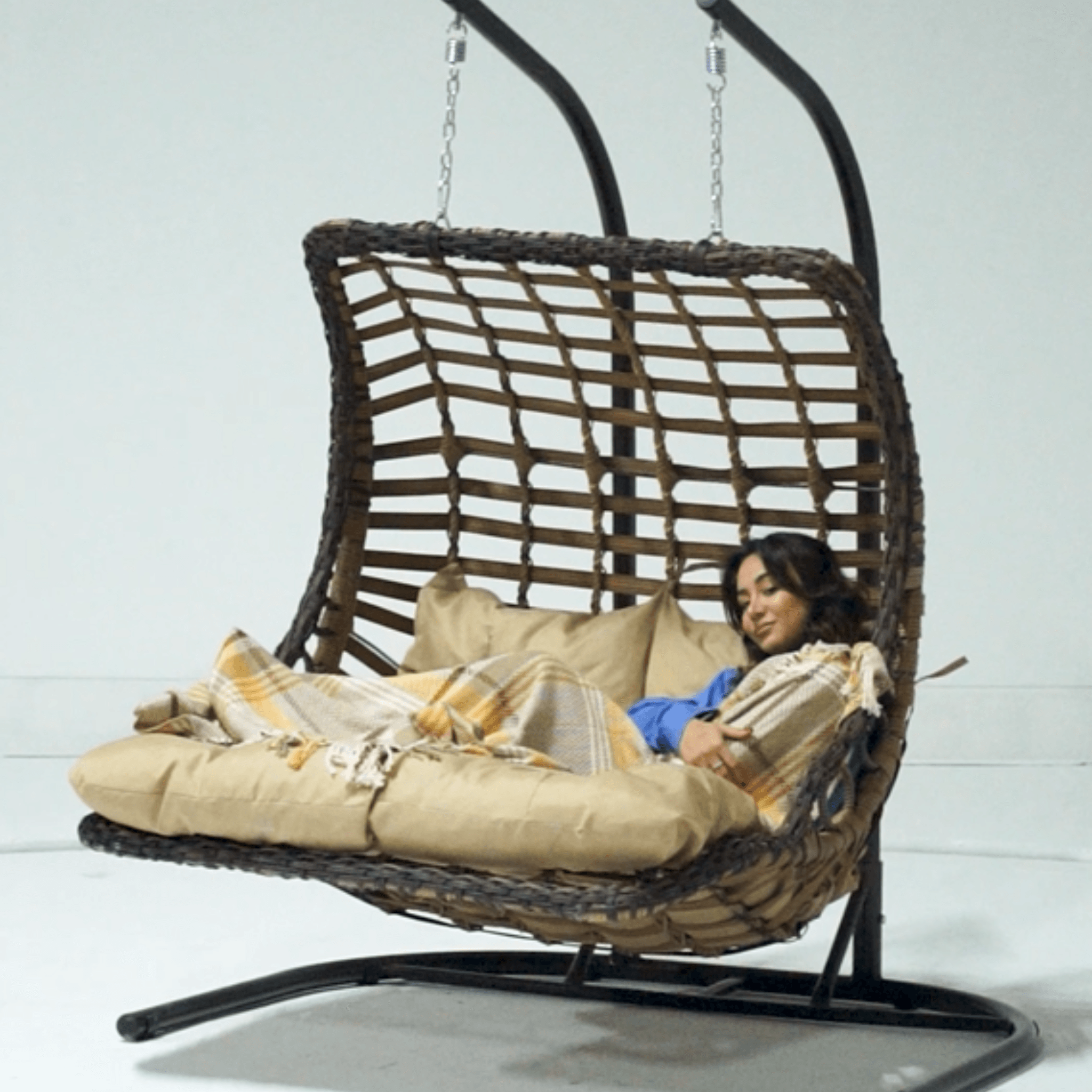 Gowoll Gartenschaukel Rattan Hängesessel mit Gestell Hängeschaukel Bodrum Double