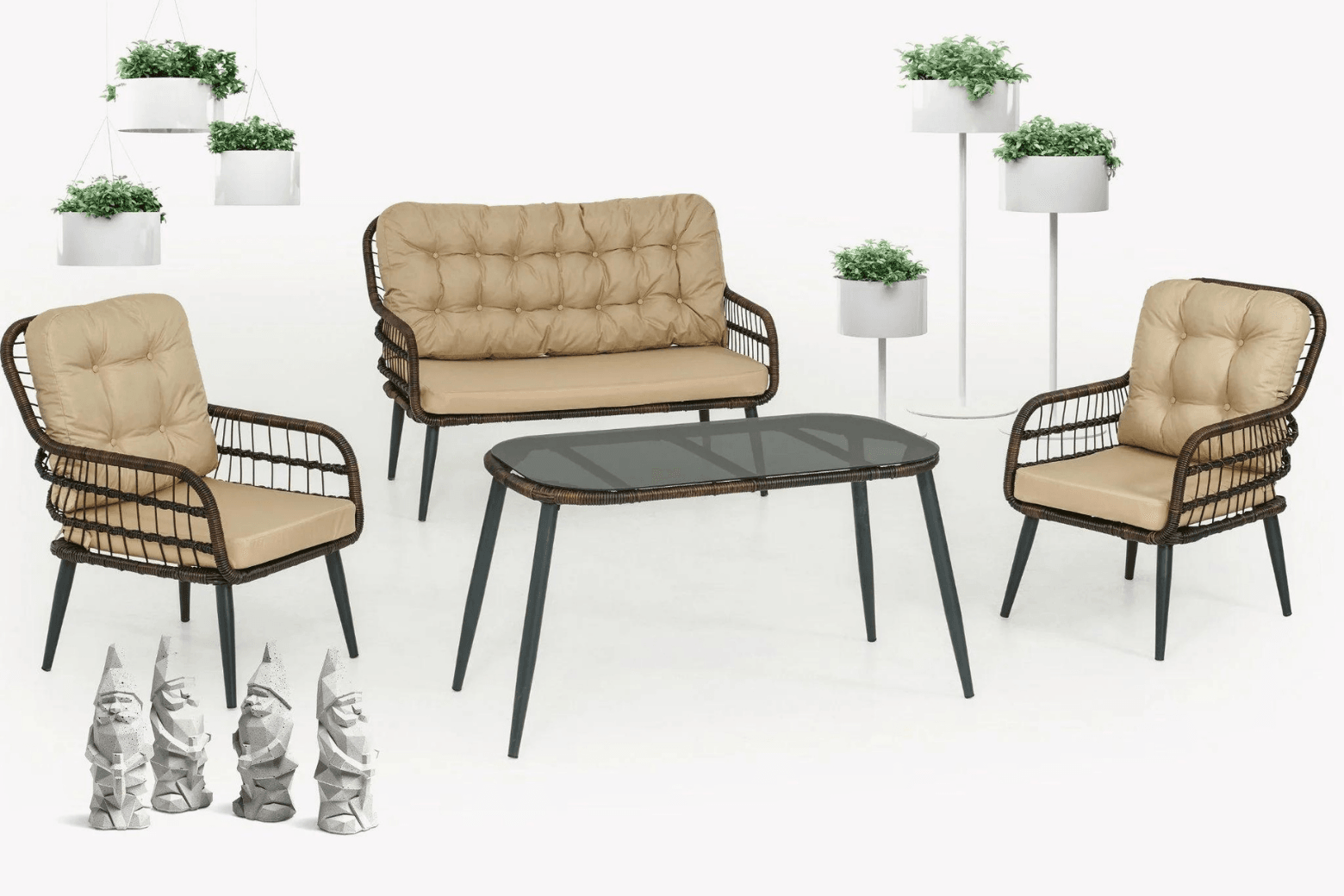 Pisa Double Gartenlounge-Set Rattan Lounge Gartenmöbel Set 4 Personen Bistroset mit Stühle