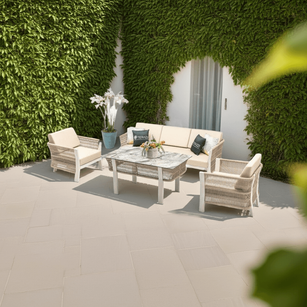 Garten LoungeSet Florence 4‑tlg. Aluminium‑Rope | UV‑resistent & wetterfest | Sofa 3‑Sitz + 2 Sessel + HPL‑Tisch