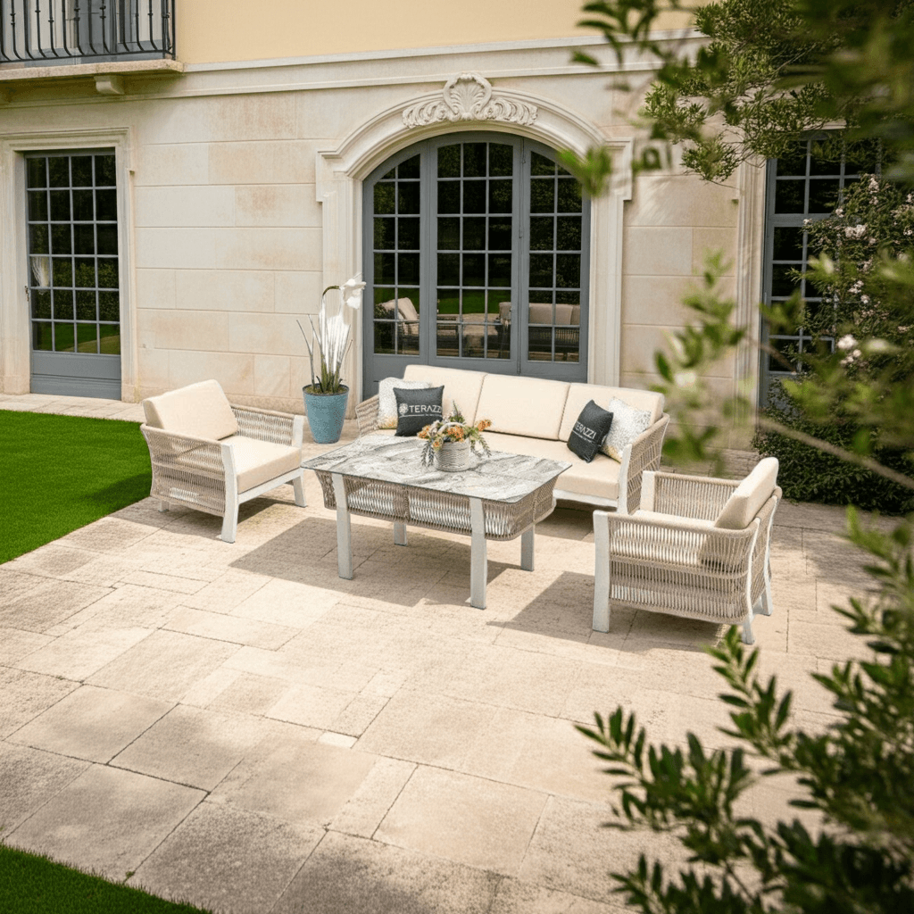 Florence 4‑tlg. Aluminium‑Rope Garten Lounge‑Set | UV‑resistent & wetterfest | Sofa 3‑Sitz + 2 Sessel + HPL‑Tisch
