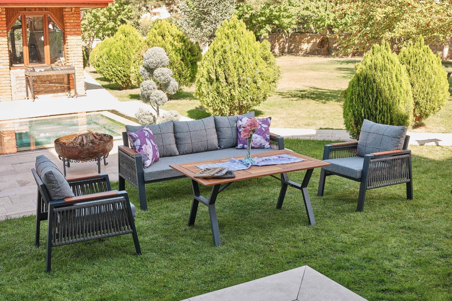 Gowoll Efes Plus Gartenlounge-Set Gartengarnitur Gartenmöbel Set 5 Personen Gartentisch für Outdoor