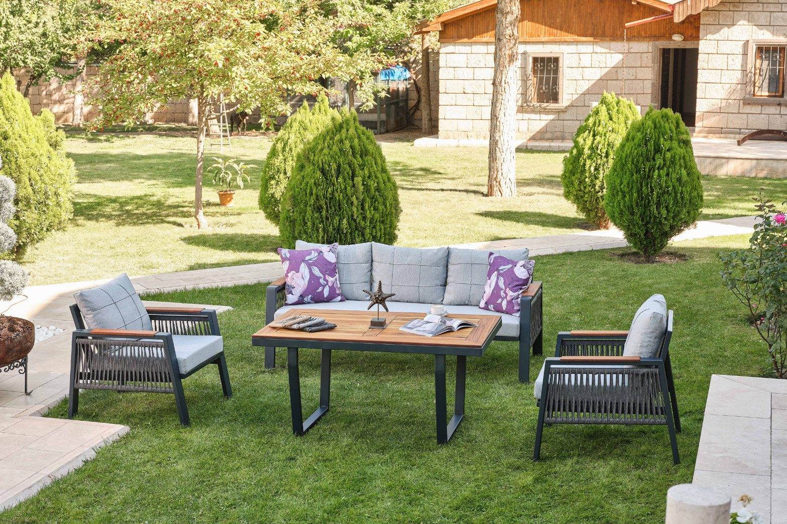 Gowoll Efes Plus Gartenlounge-Set Gartengarnitur Gartenmöbel Set 5 Personen Gartentisch für Outdoor