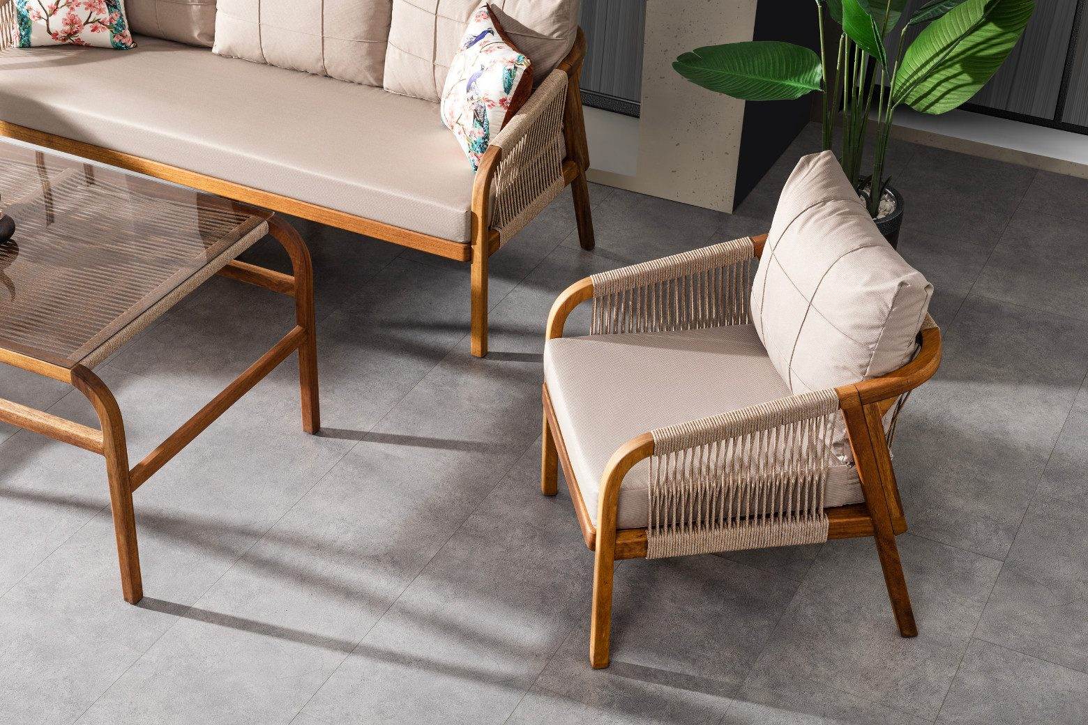 Evora Gartenlounge Set 4-teilig | Holz & Rope Gartenmöbel mit HPL-Tisch | Wetterfest & Handgefertigt