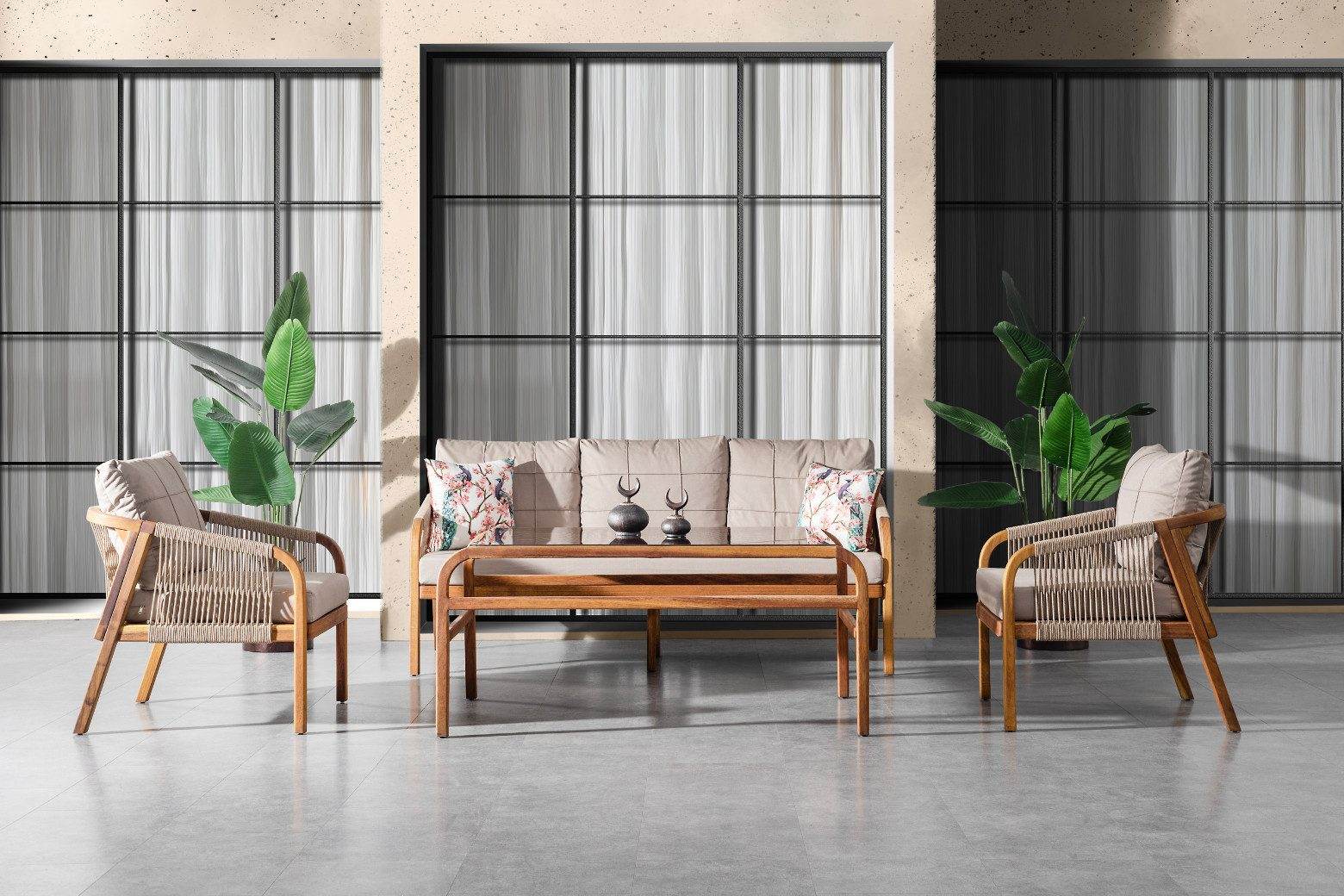 Evora Gartenlounge Set 4-teilig | Holz & Rope Gartenmöbel mit HPL-Tisch | Wetterfest & Handgefertigt