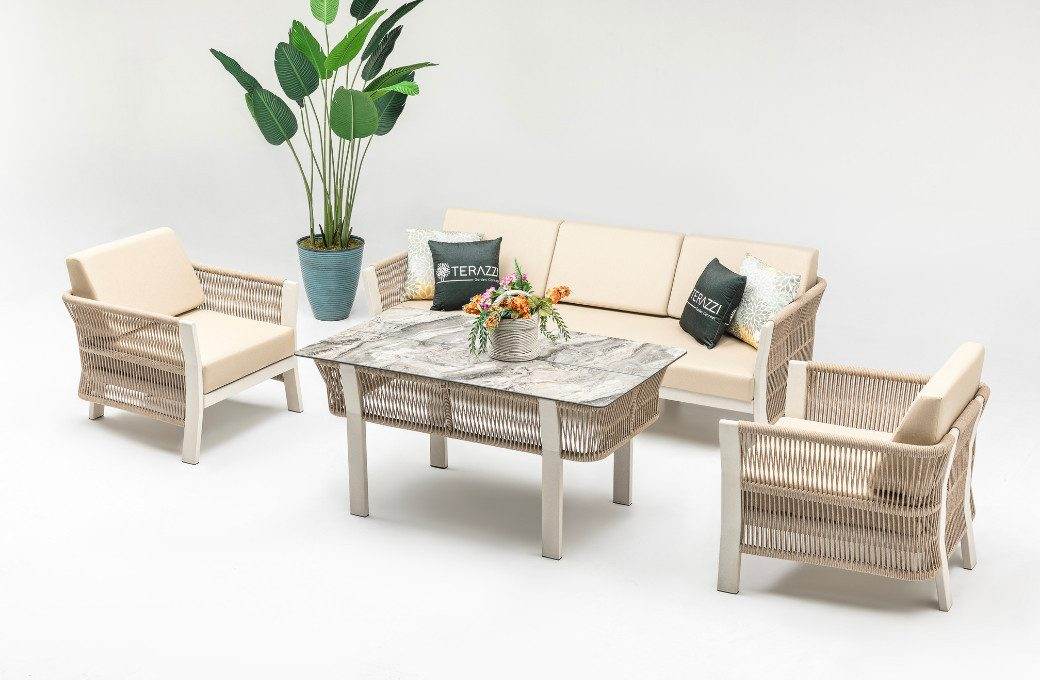 Garten LoungeSet Florence 4‑tlg. Aluminium‑Rope | UV‑resistent & wetterfest | Sofa 3‑Sitz + 2 Sessel + HPL‑Tisch