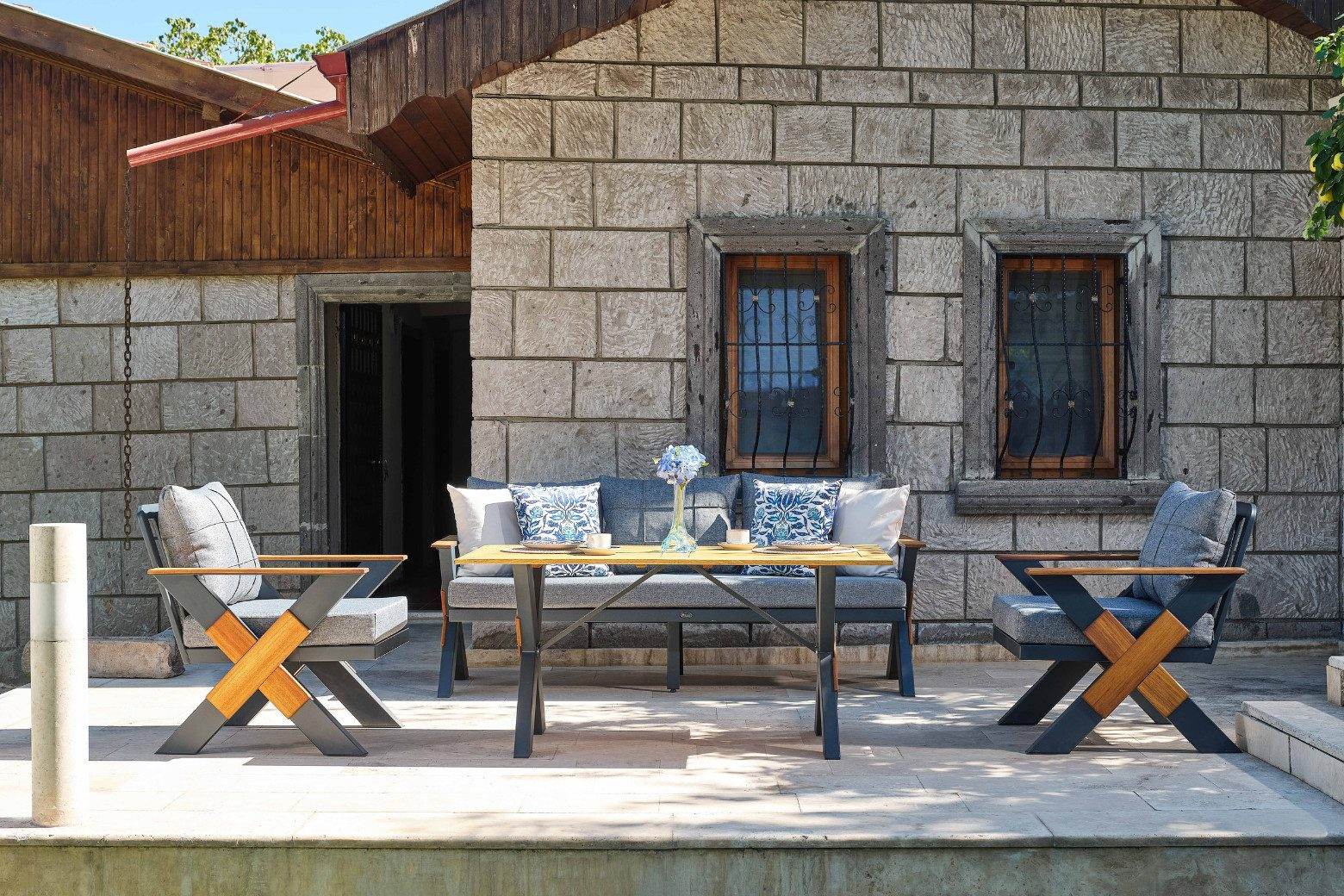 Gowoll Lotus Anthrazit Gartenlounge-Set Gartengarnitur Gartenmöbel Set 5 Personen Gartentisch für Outdoor