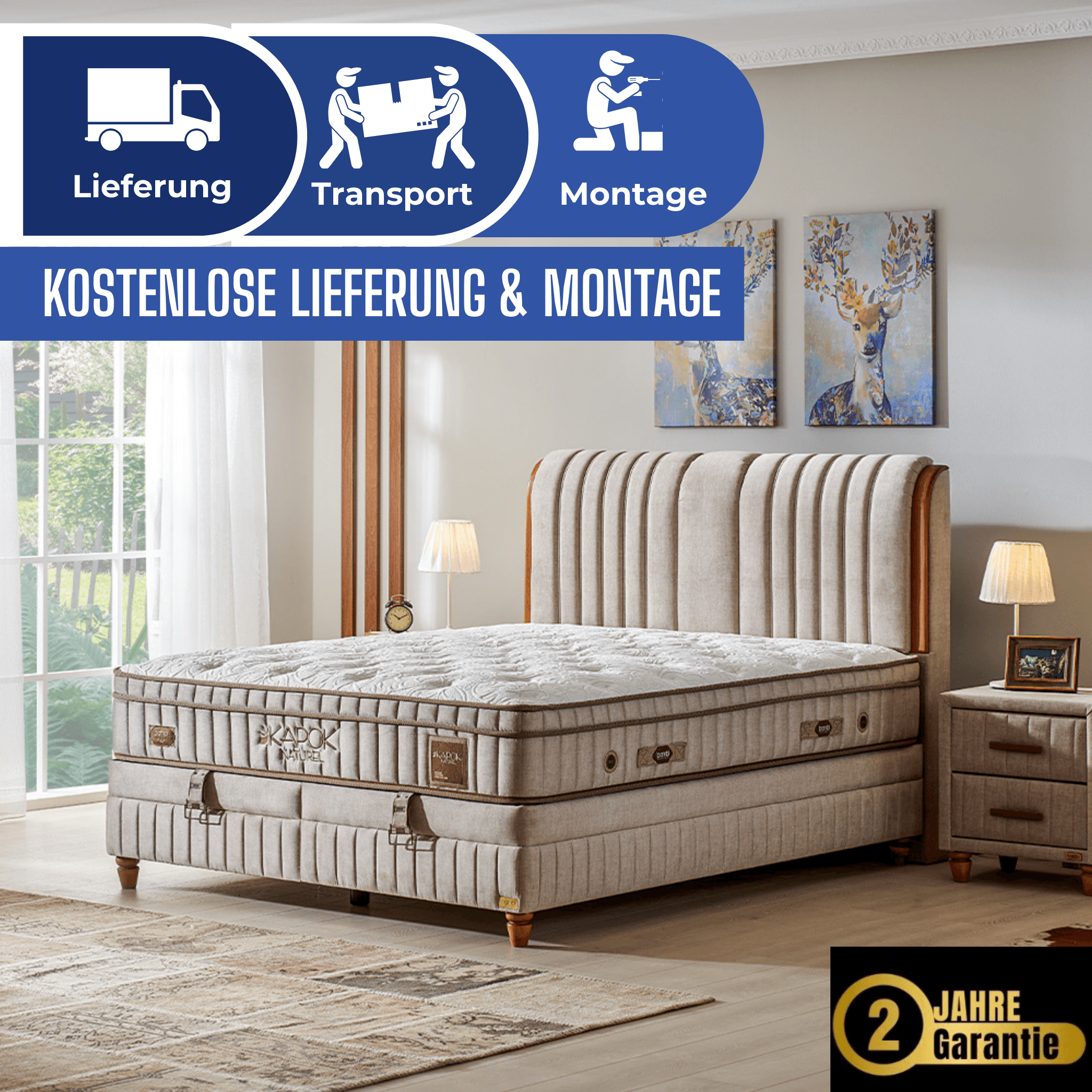 Bambi Kapok Naturel Boxspringbett Funktionsbett mit Bettkasten Boxspringbett 180x200 - 90x200