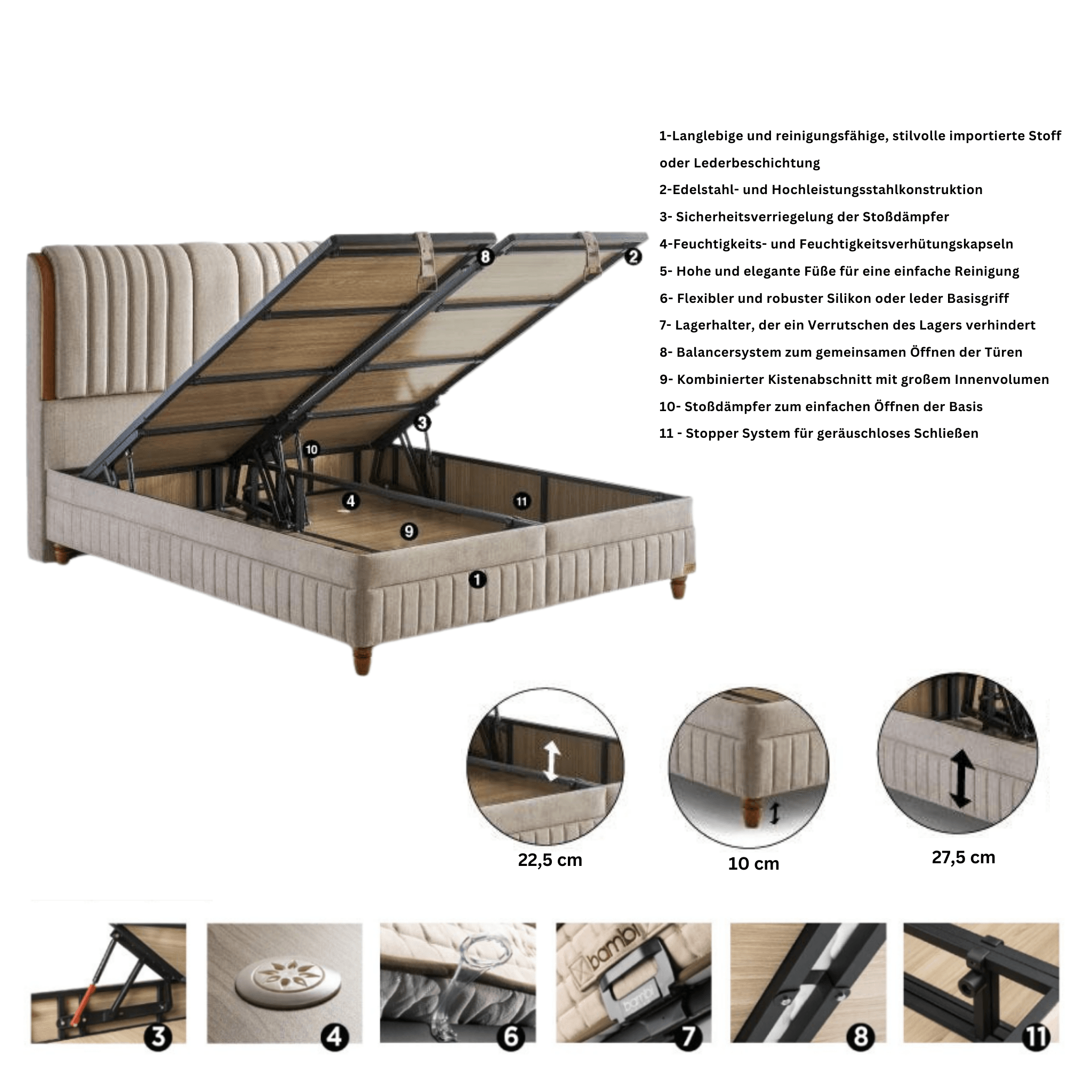 Bambi Kapok Naturel Boxspringbett Funktionsbett mit Bettkasten Boxspringbett 180x200 - 90x200