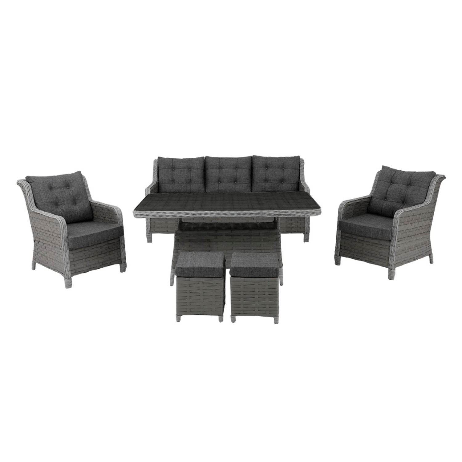 Gartenmöbel Set 7 Personen | Alu-Rattan Lounge mit Sofa, Hocker & Tisch