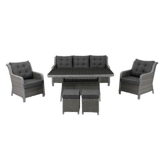 Gartenmöbel Set 7 Personen | Alu-Rattan Lounge mit Sofa, Hocker & Tisch