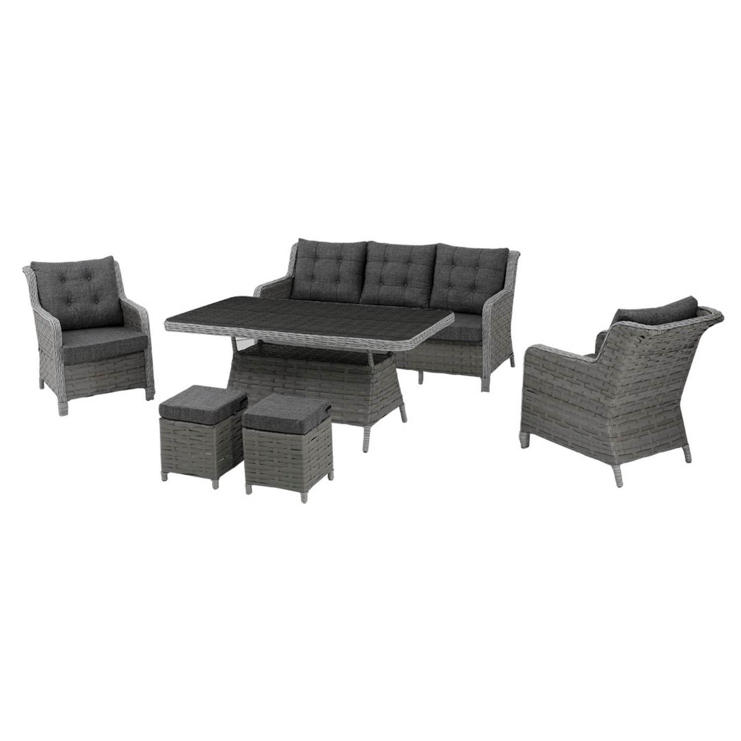 Petra Gartenmöbel Set 7 Personen | Alu-Rattan Lounge mit Sofa, Hocker & Tisch