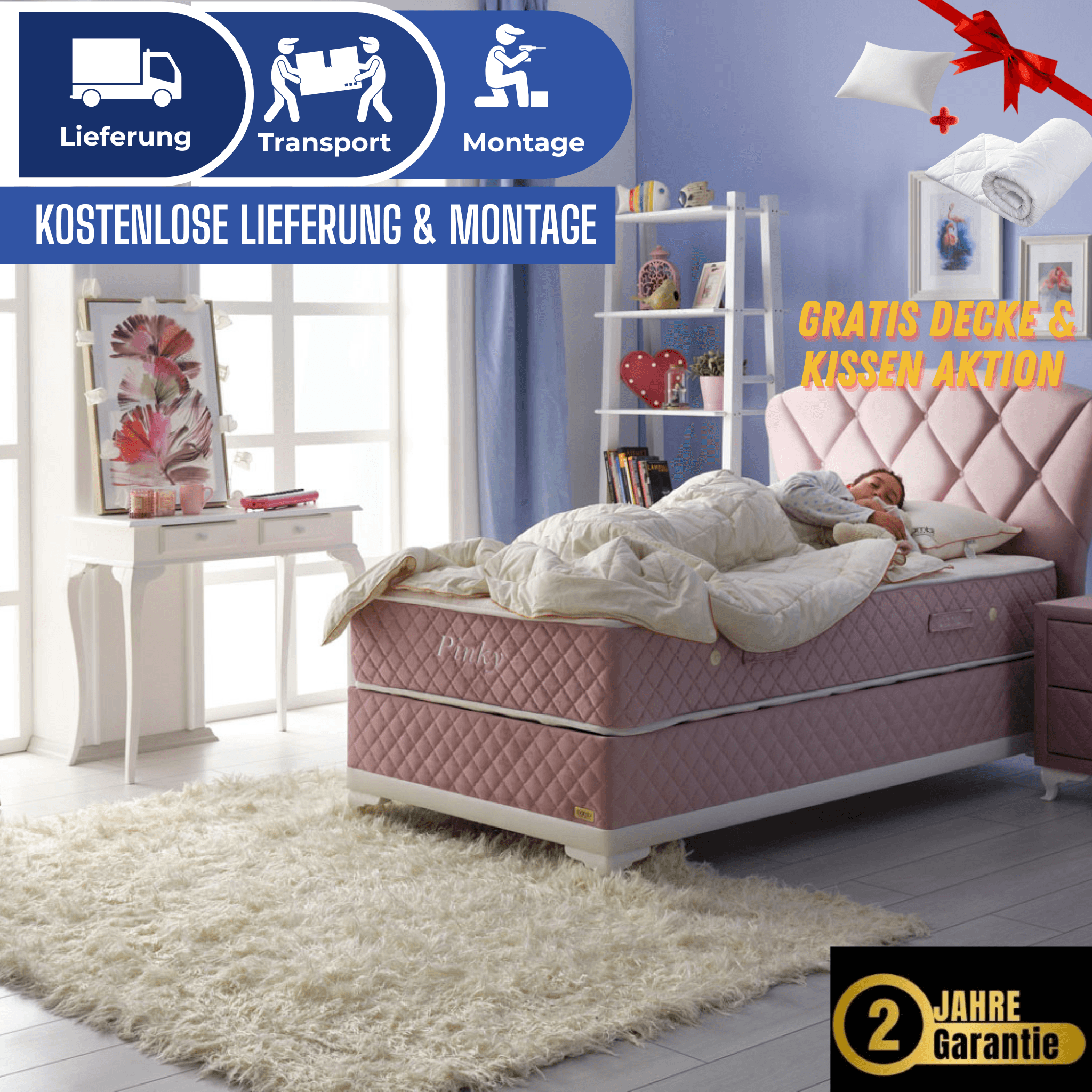 Bambi Pinky Boxspringbett mit Matratze & Bettkästen
