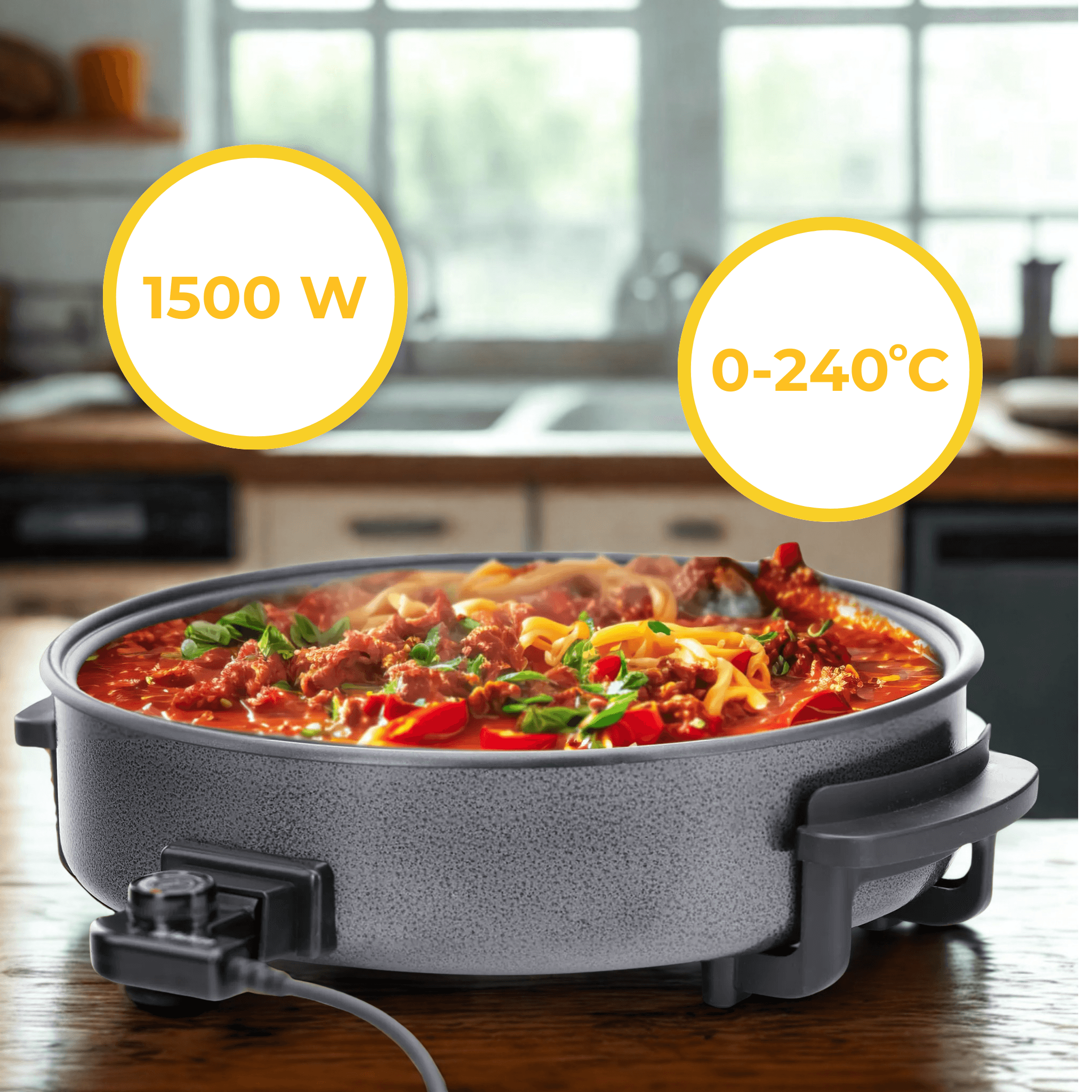 Roland große elektrische Pizza Pfanne 42 cm – Partypfanne mit Thermostat, Antihaft & Glasdeckel