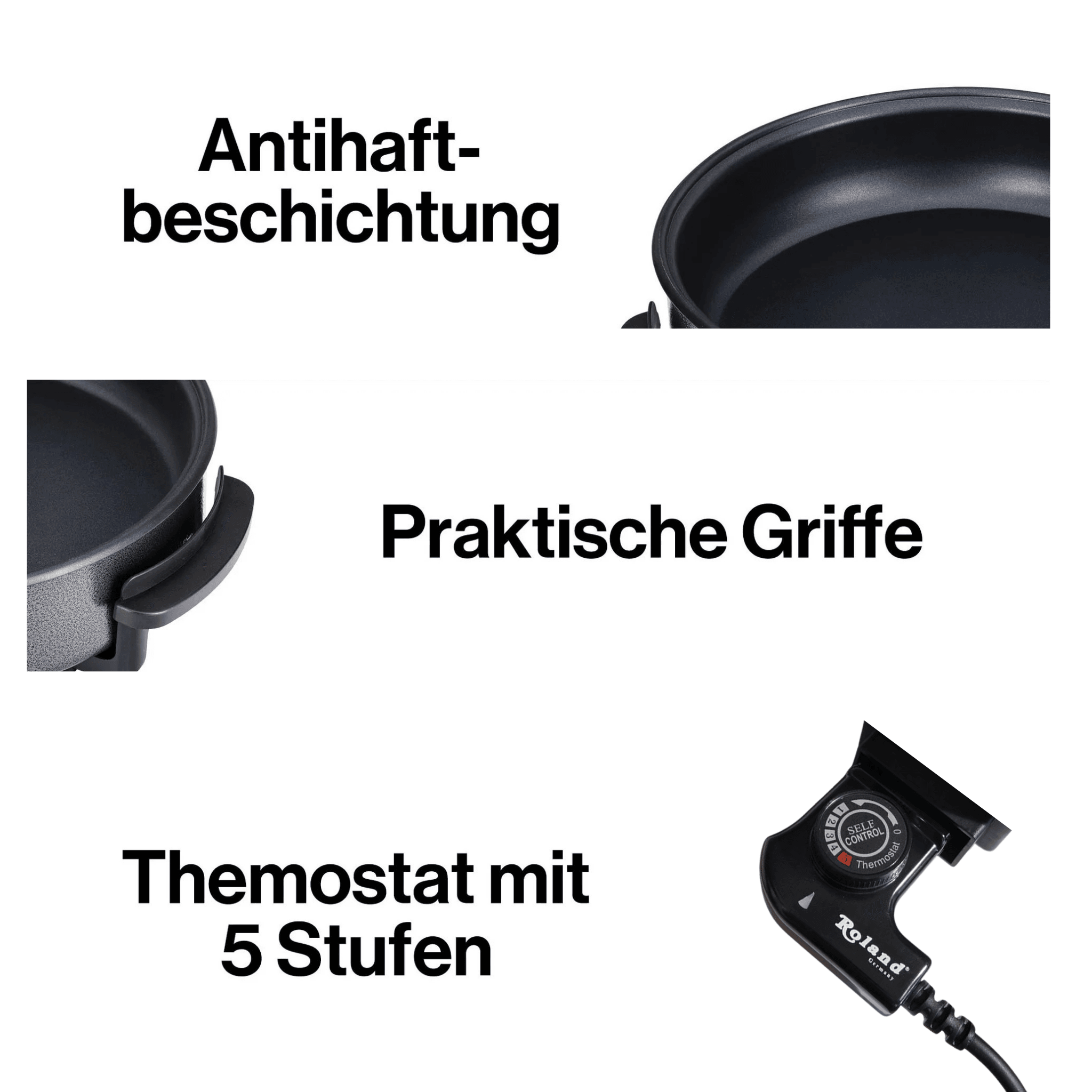 Roland große elektrische Pizza Pfanne 42 cm – Partypfanne mit Thermostat, Antihaft & Glasdeckel