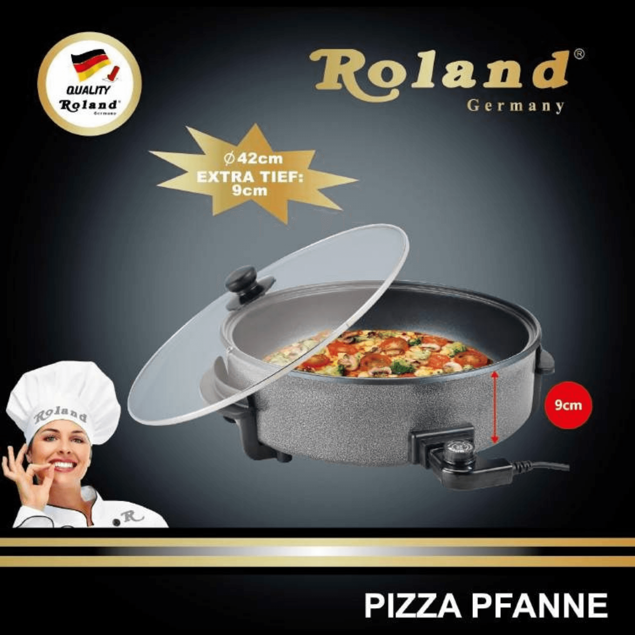 Roland große elektrische Pizza Pfanne 42 cm – Partypfanne mit Thermostat, Antihaft & Glasdeckel