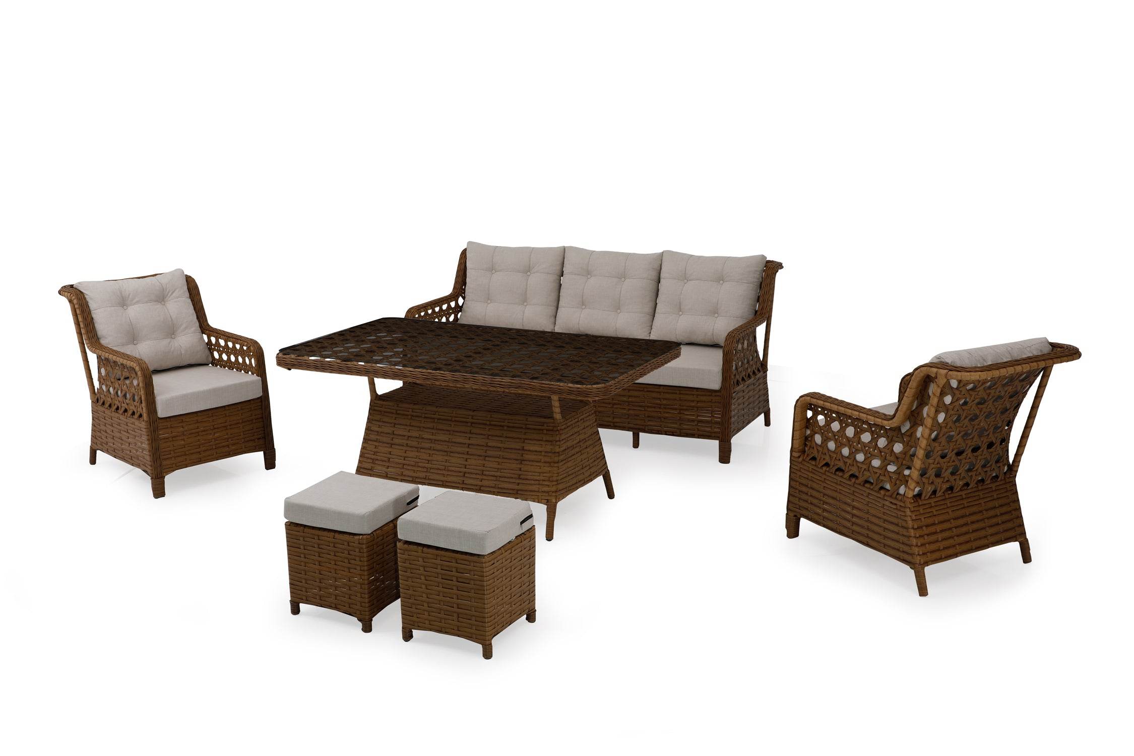 Gartenmöbel Set 7 Personen | Alu-Rattan Lounge mit Sofa, Hocker & Tisch