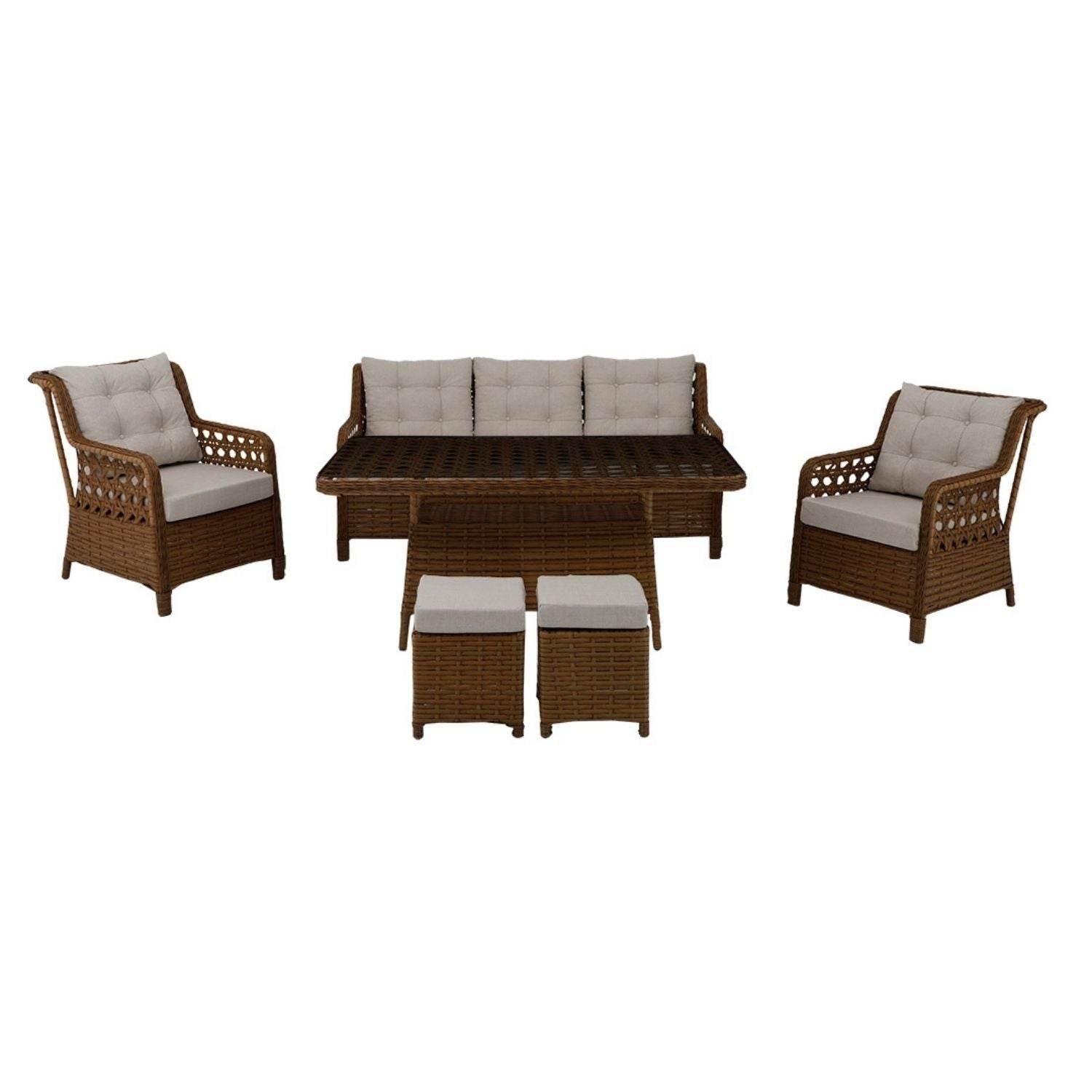 Gartenmöbel Set 7 Personen | Alu-Rattan Lounge mit Sofa, Hocker & Tisch