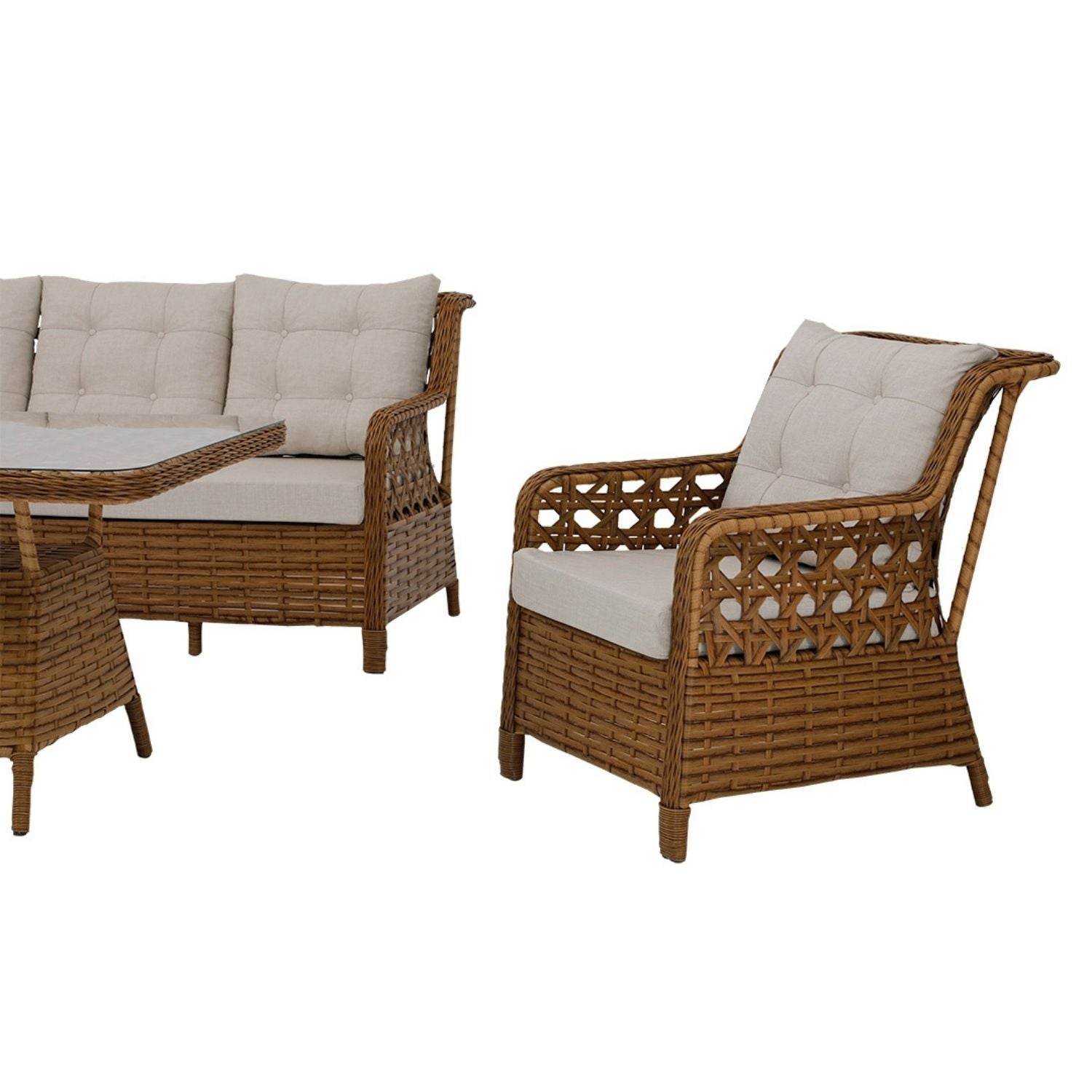 Gartenmöbel Set 7 Personen | Alu-Rattan Lounge mit Sofa, Hocker & Tisch