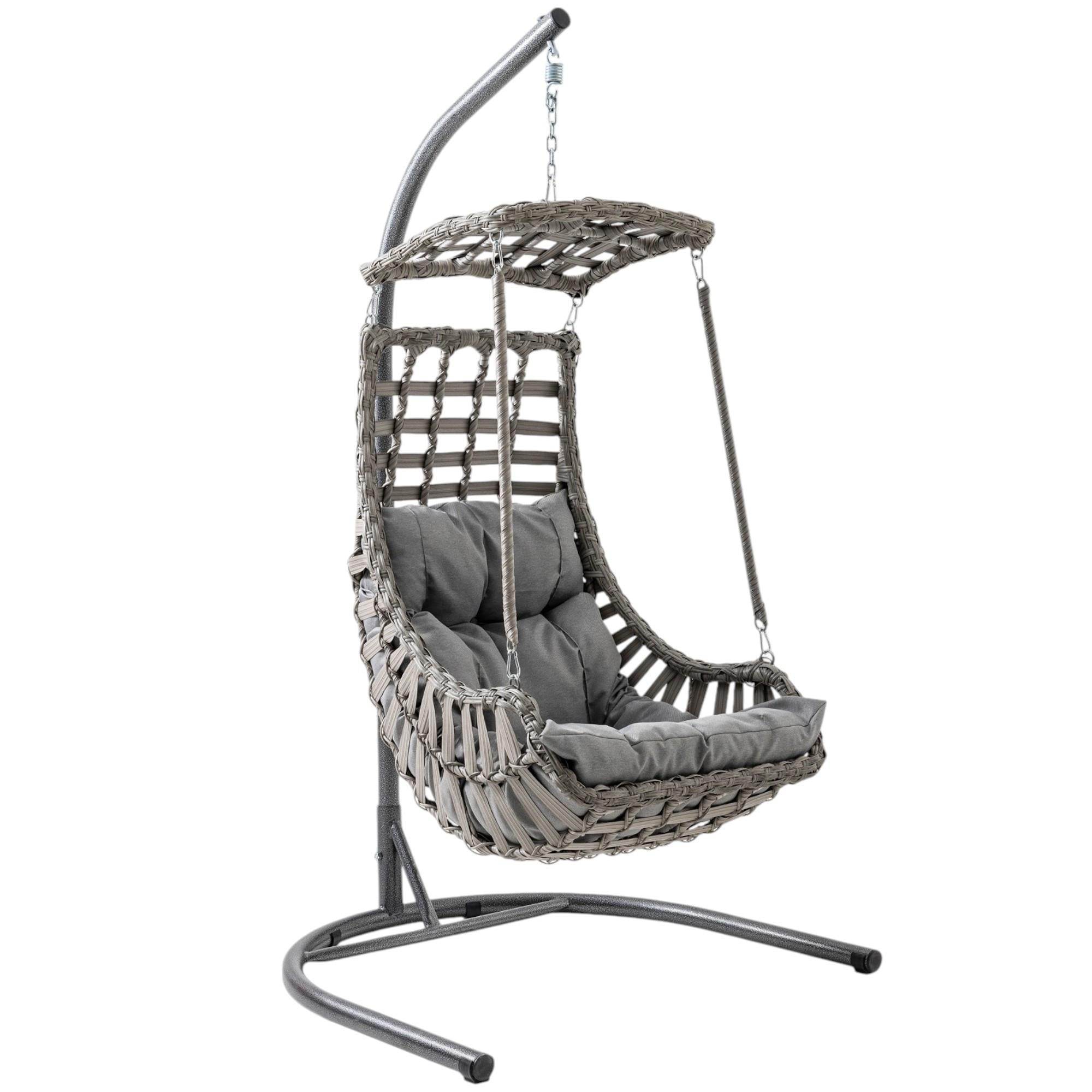 Rattan Hängesessel mit Gestell | Grau | Alacati Einzel Gartenschaukel für Balkon & Wintergarten
