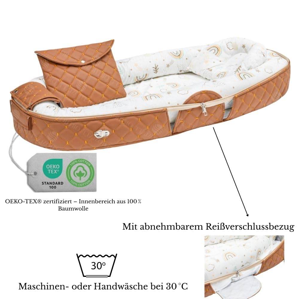 Gowoll Tragbares Babynest mit Tasche & Tragegriff | 96x50 cm OEKO-TEX Baumwolle | Waschbar | Reisebett für Neugeborene