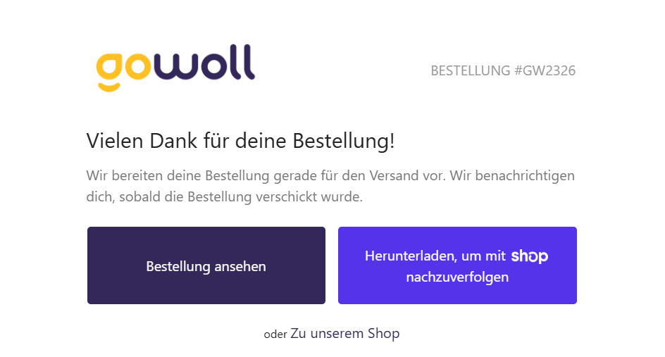 Beispiel einer gowoll Bestellbestätigung per E-Mail mit Bestellnummer