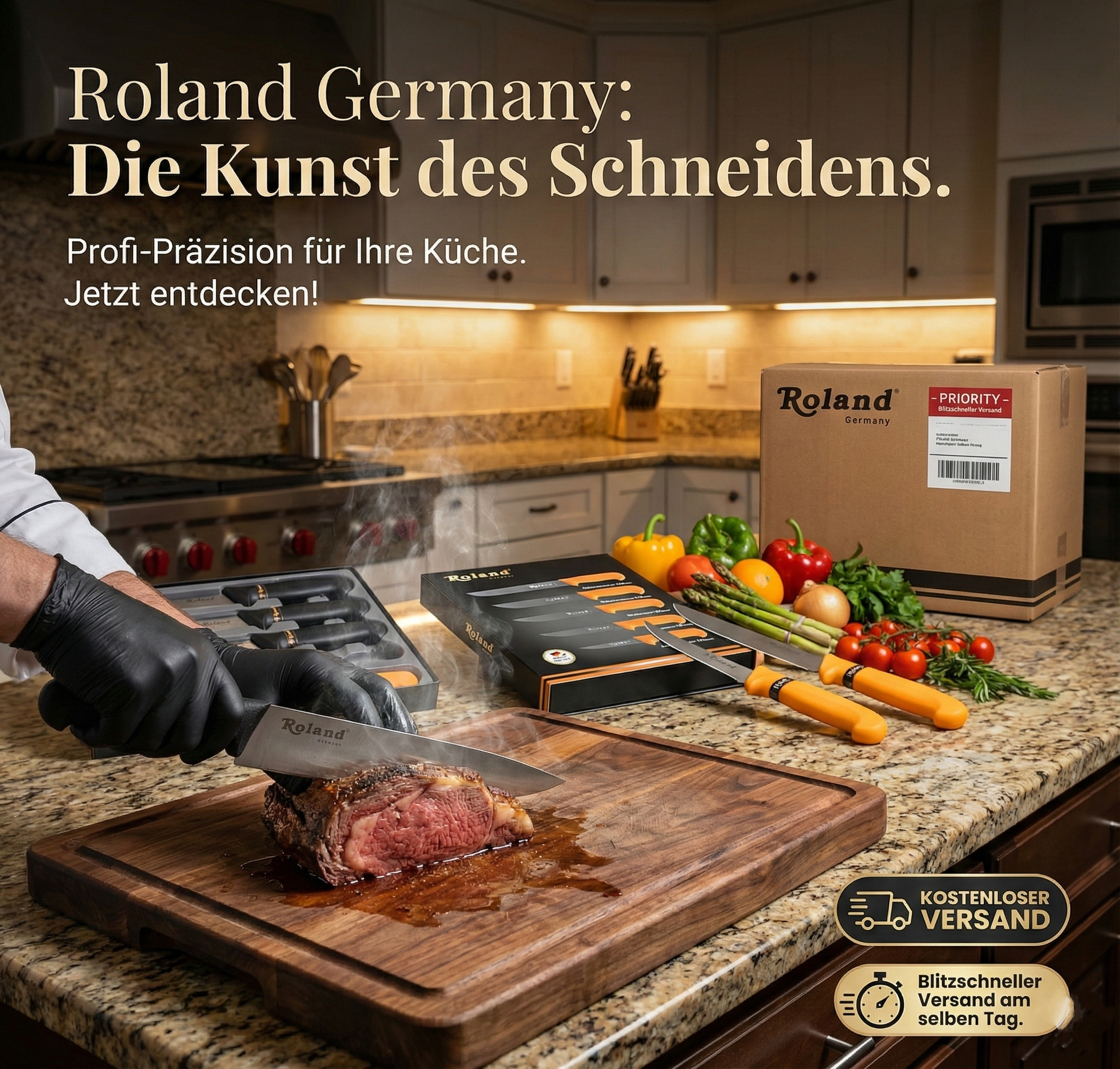 Roland Germany 5-teiliges Edelstahl Küchenmesser-Set – Schwarz, Profi Messer Set