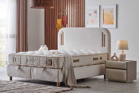 Bambi Bohemela Boxspringbett Set mit Bettkasten in hellem Bouclé-Look