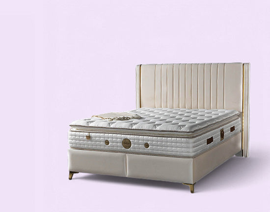 Elegantes Boxspringbett-Set mit Kopfteil, Bettkasten und orthopädischer Herkül-Federkernmatratze – luxuriöser Schlafkomfort von Gowoll.